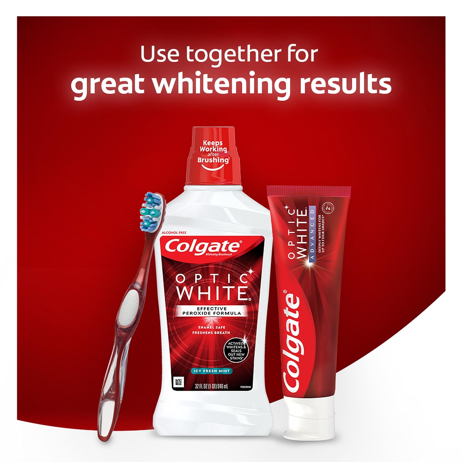 Colgate Optic White Advanced Teeth Whitening 32 Fluid Ounce (3 Pack), Red