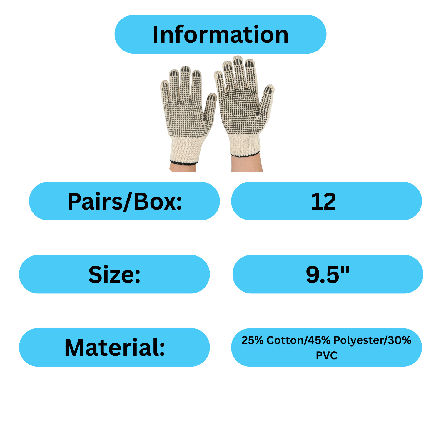 12-24 PVC Double Dot Hand Black Knitted Cotton Tan Non-Disposable Gloves