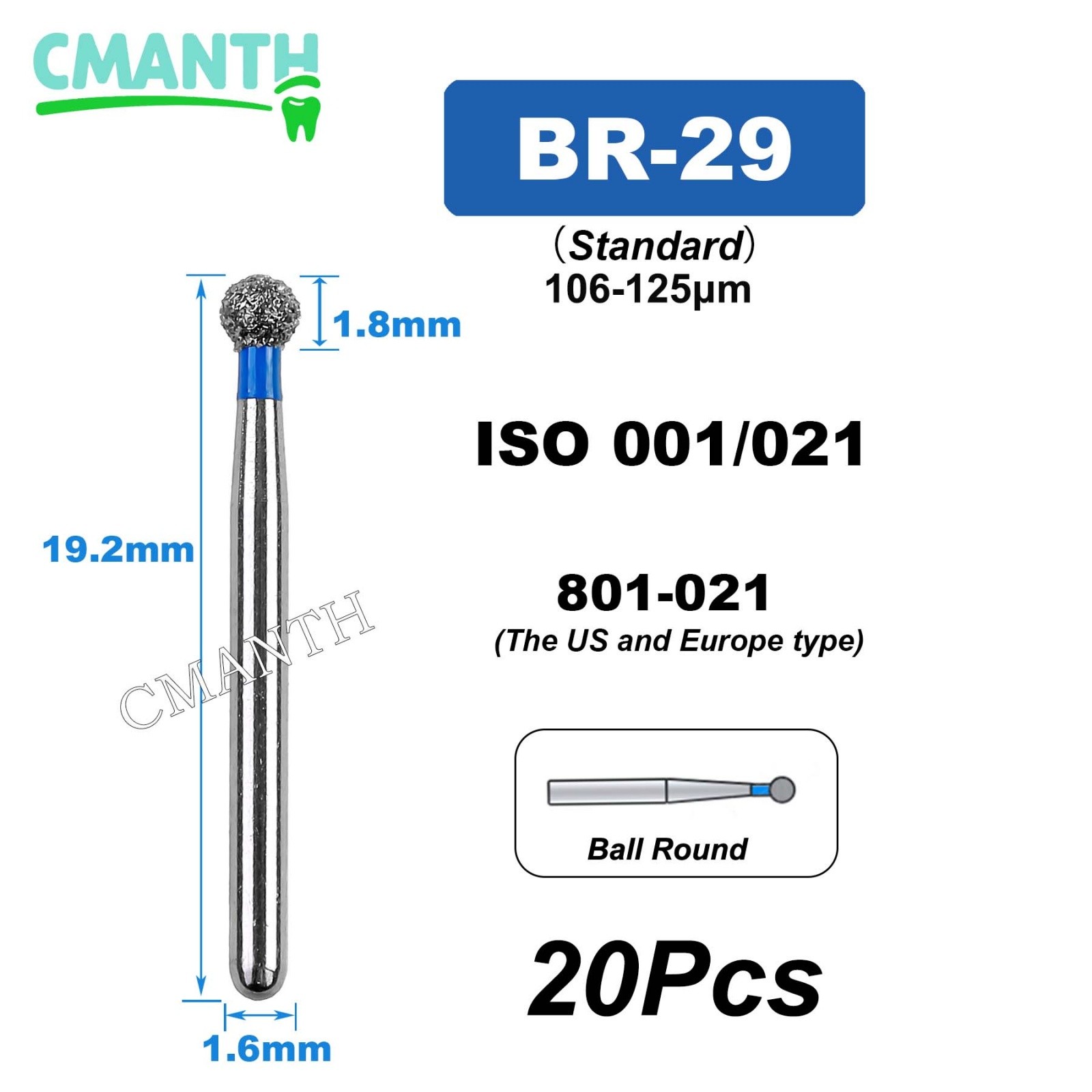 US Dental Burs FG High Speed Diamond Burs Dental Lab Polishing Tools 1.6mm 20pcs