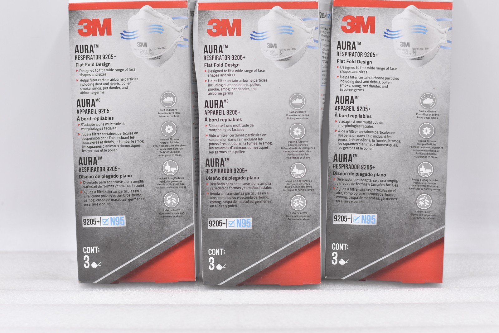 Lot of 3 3M Aura Respirator 9205+ Disposable White Masks – 3 Count