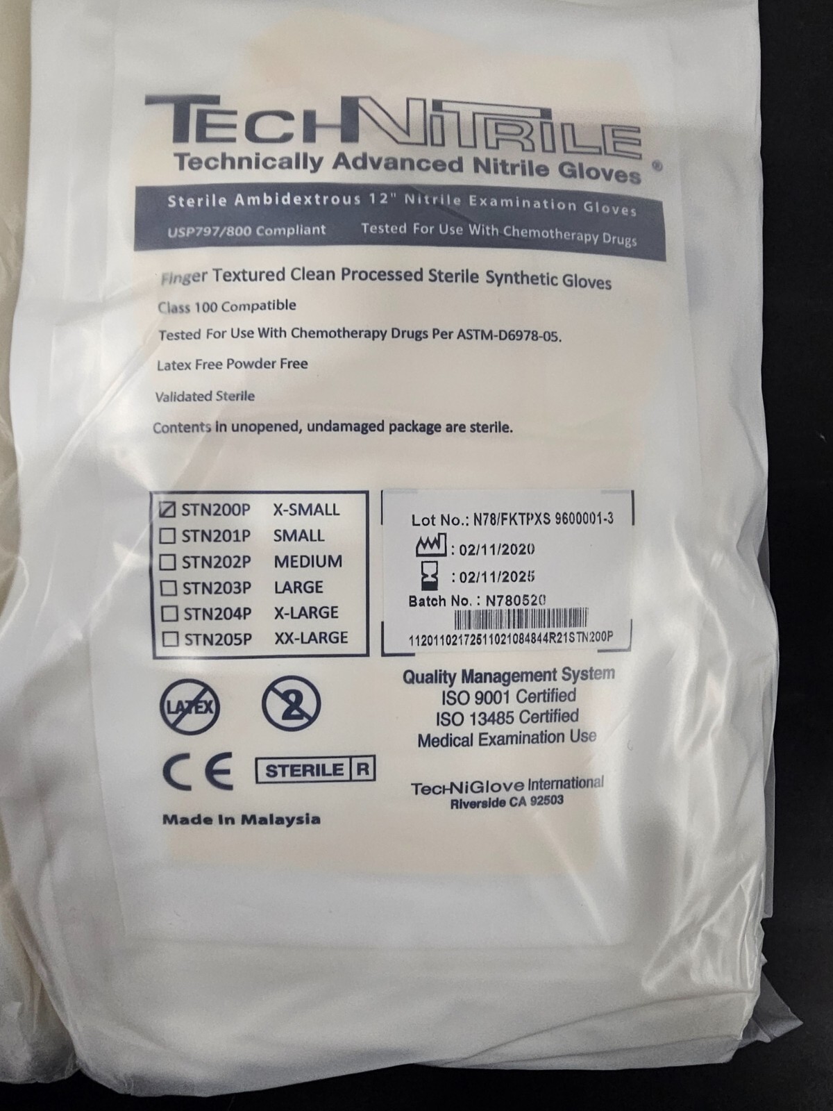 (50) PAIRS TechNiGlove STERILE AMBIDEXTROUS NITRILE CLEANROOM GLOVES – X-SMALL