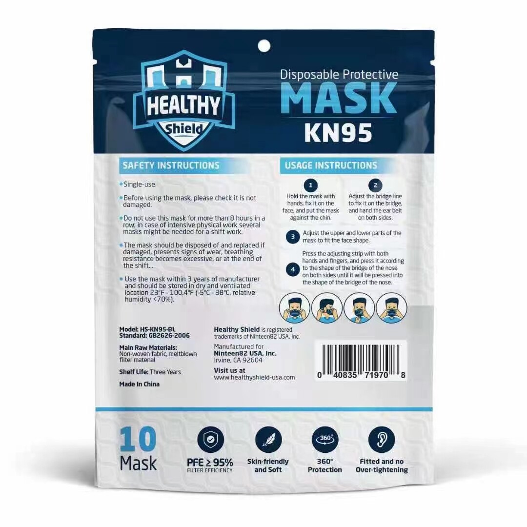 Healthy Shield Black KN95 Protective 5 Layer Face Mask BFE 95% Disposable 1000PC