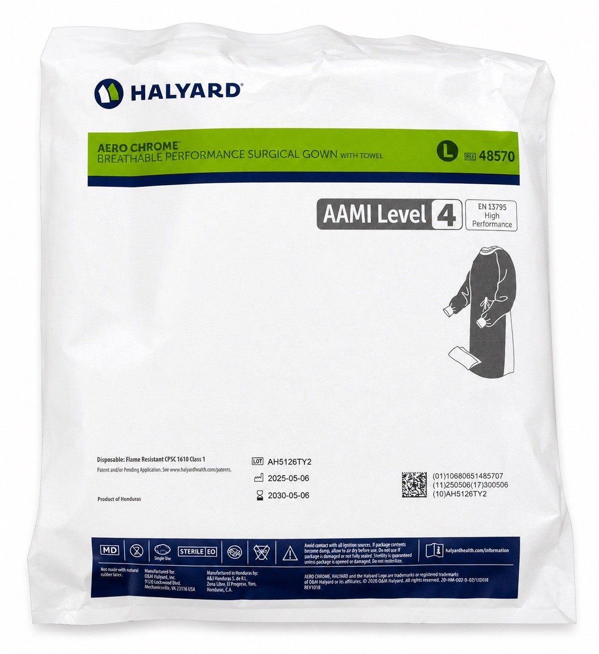 Halyard 48570 Aero Chrome Surgical Gown Large AAMI Level 4 Sterile Case of 32