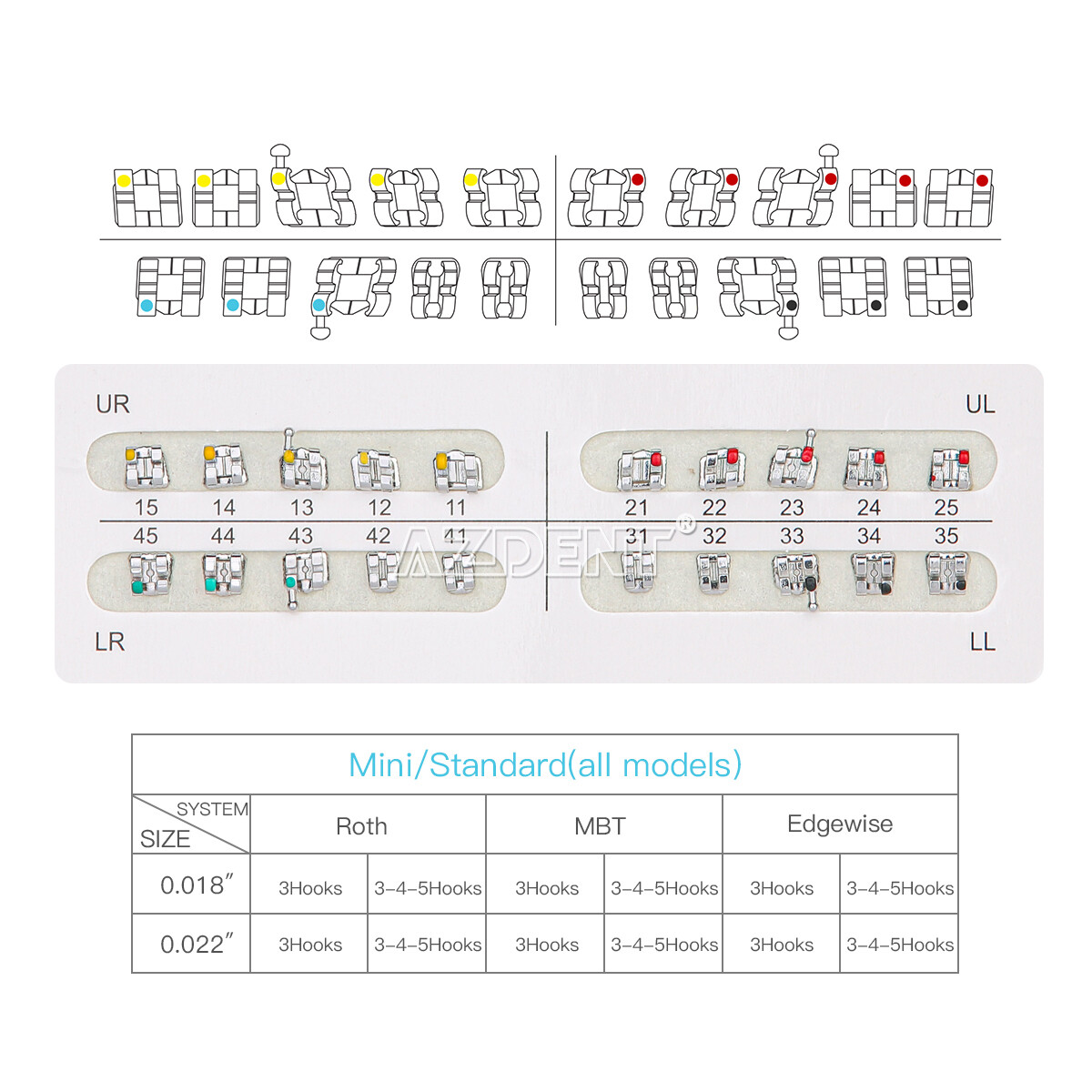 AZDENT Dental Ortodontic Bracket Metal Brackets 20Pcs/pack Mini MBT 022 & 3 Hook