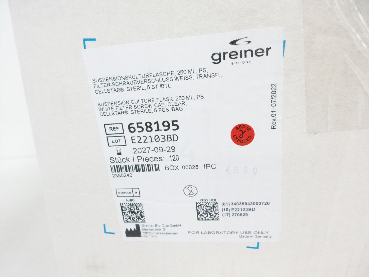 BOX 120 (OF 120) GREINER 658195 250 ML CELLSTAR CELL CULTURE FLASKS EXP 09-2027