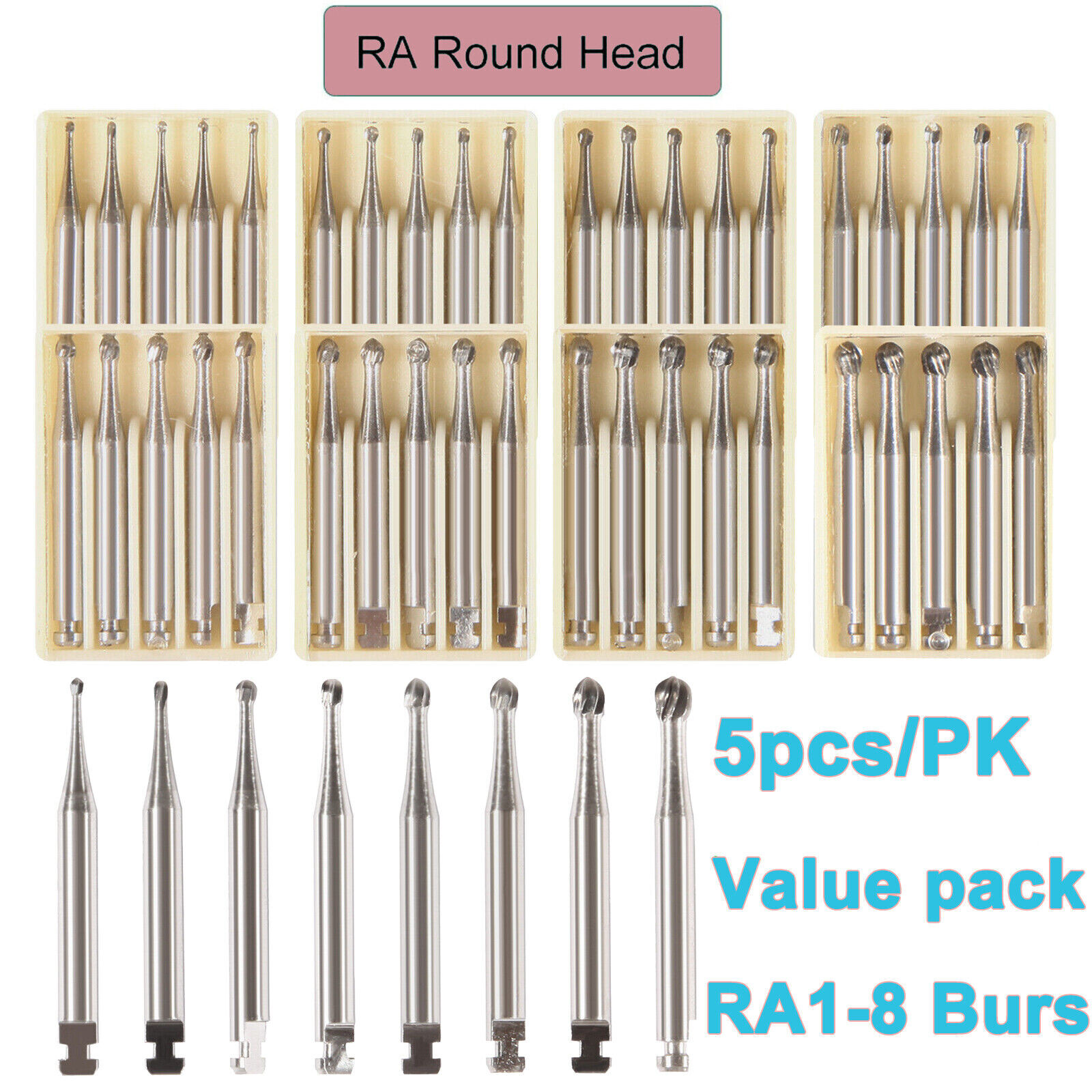 5pcs Dental Round Carbide Bur for Slow Speed Latch Type RA 1# -RA 8#