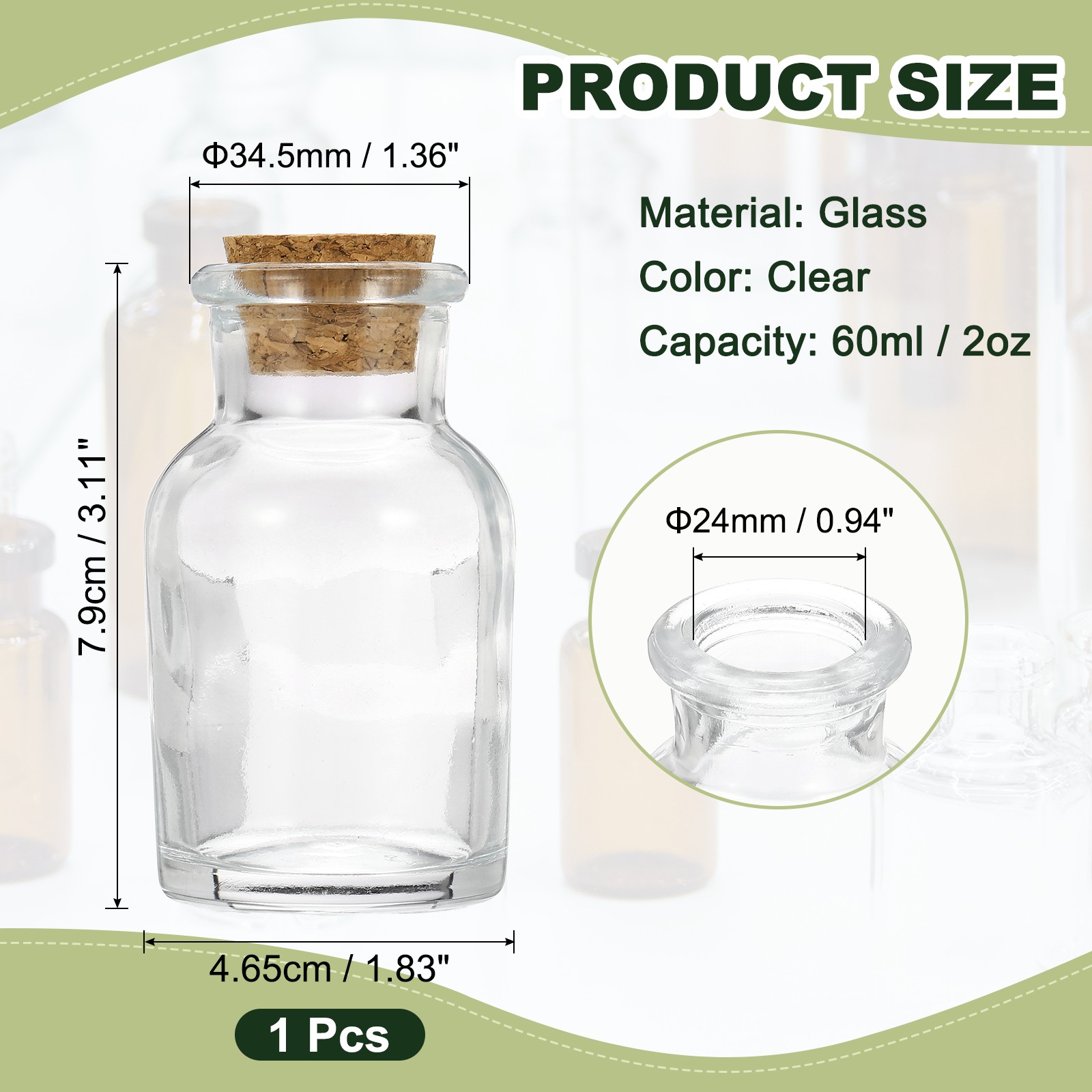 60ml Glass Reagent Bottle with Wood Stopper Wide Mouth, Clear(2oz)