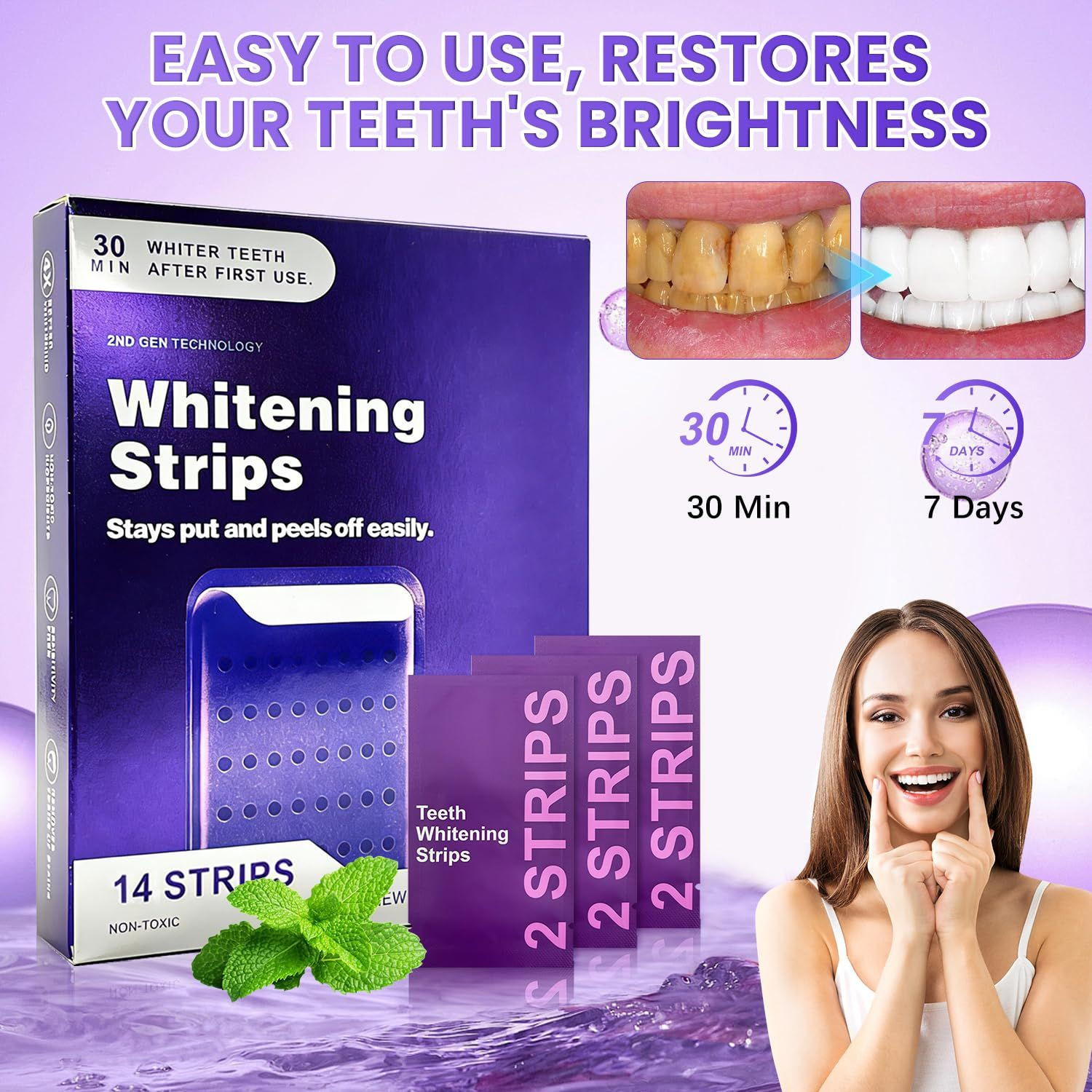 2PC Purple whitening Strips, 14 Strips(28) per, 1 Count (Pack of 1), 1