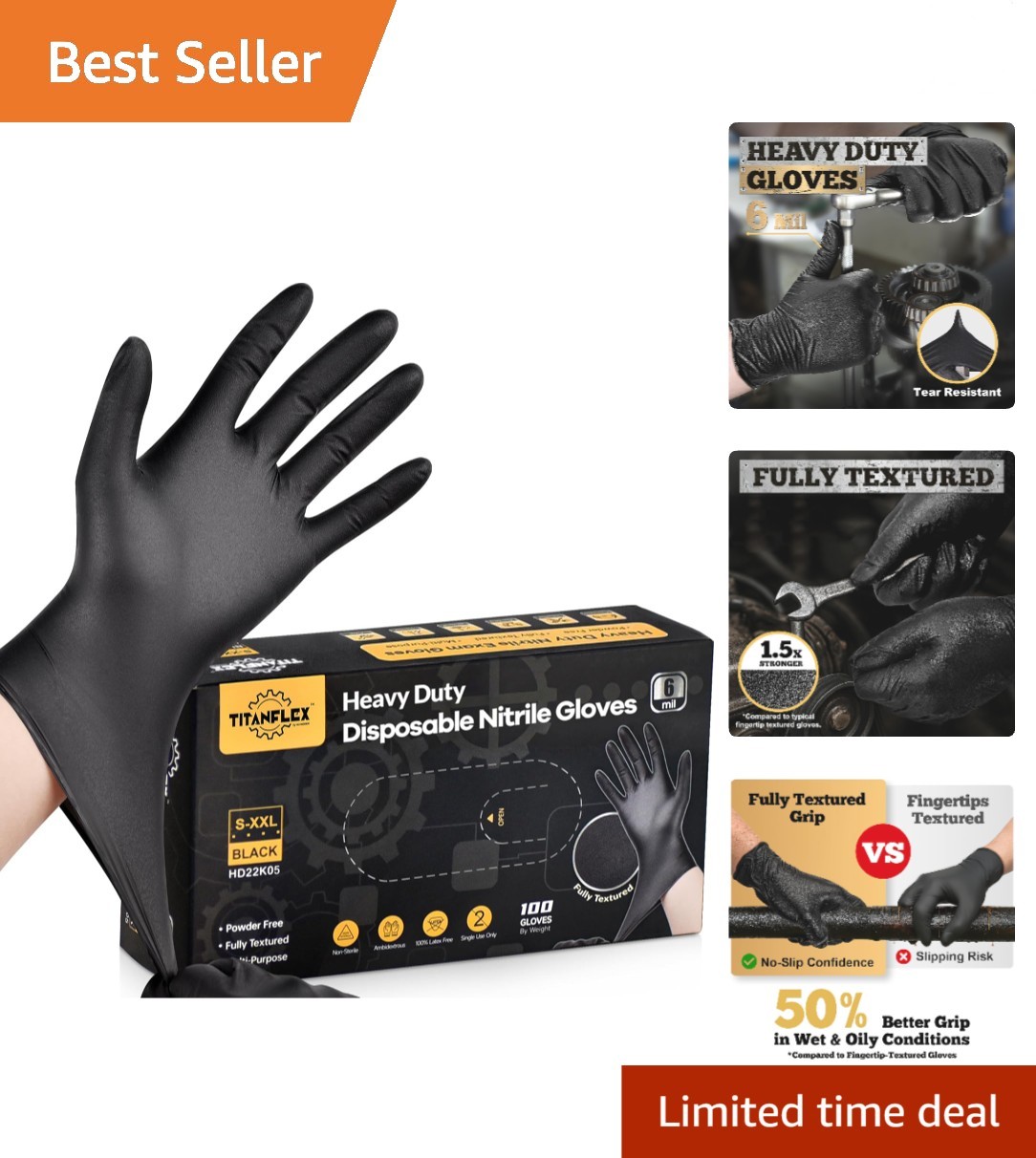 First Glove Black Industrial Disposable Nitrile Gloves 6 Mil Latex & Powder Free