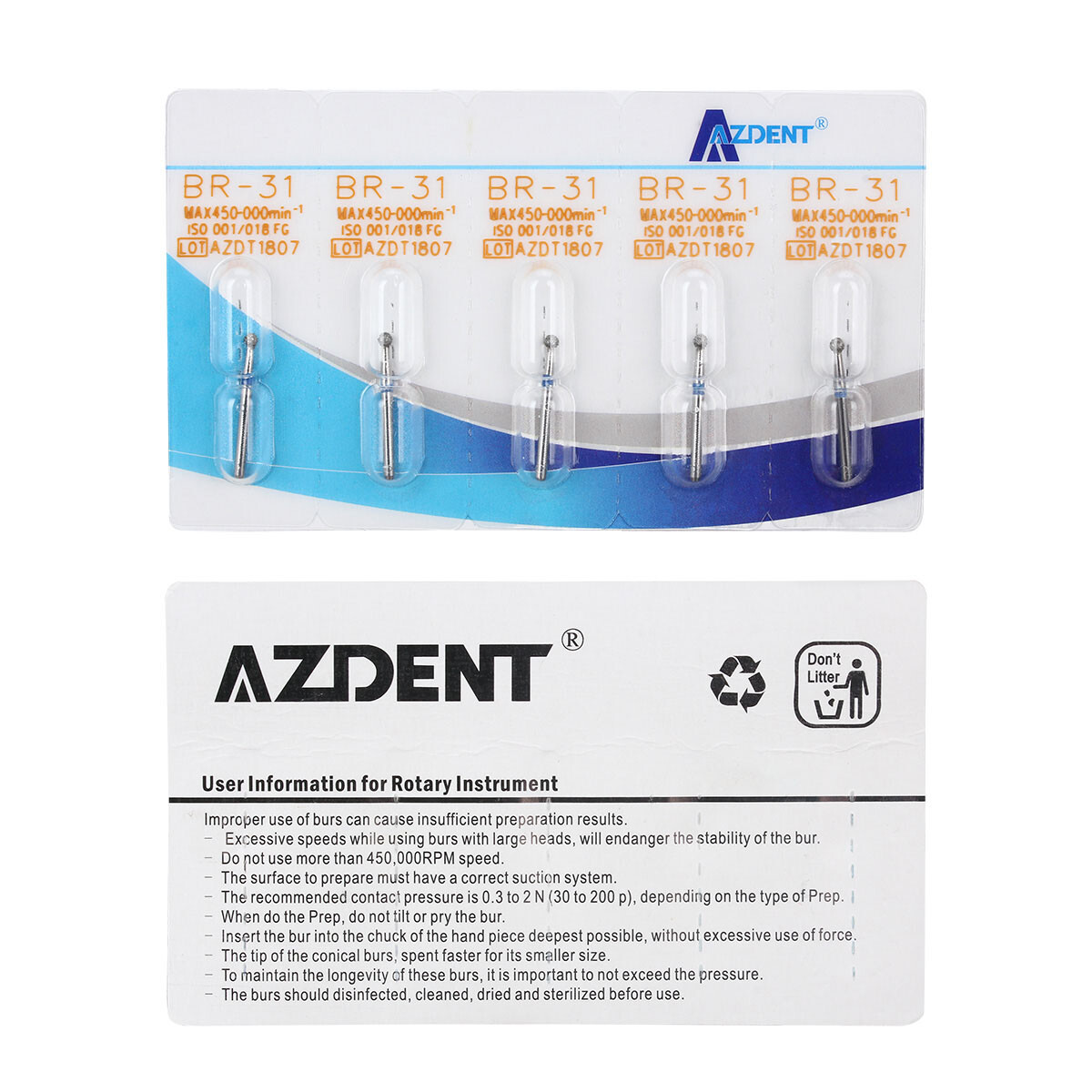 AZDENT Dental Diamond Burs For High Speed Handpiece Friction Grip 5Pcs/Box