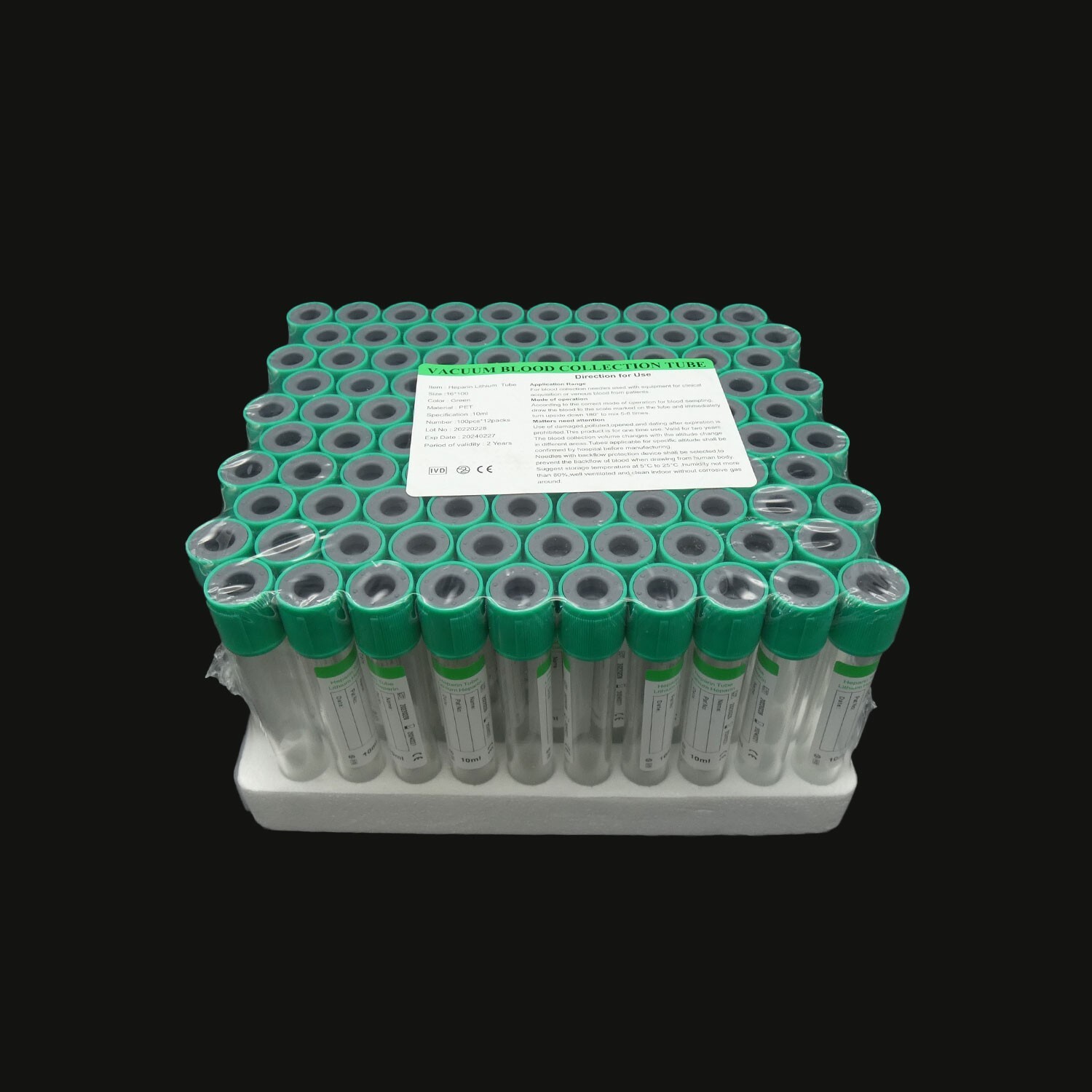 10ml Green Vacuum Blood Collection Tubes, Heparin Lithium Tube, 100/pack