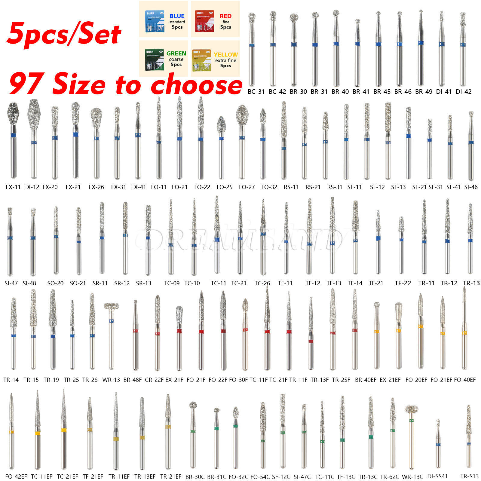 5pc/pack Dental FG Diamond Burs for High Speed Handpiece Friction Grip 1.6MM Bur
