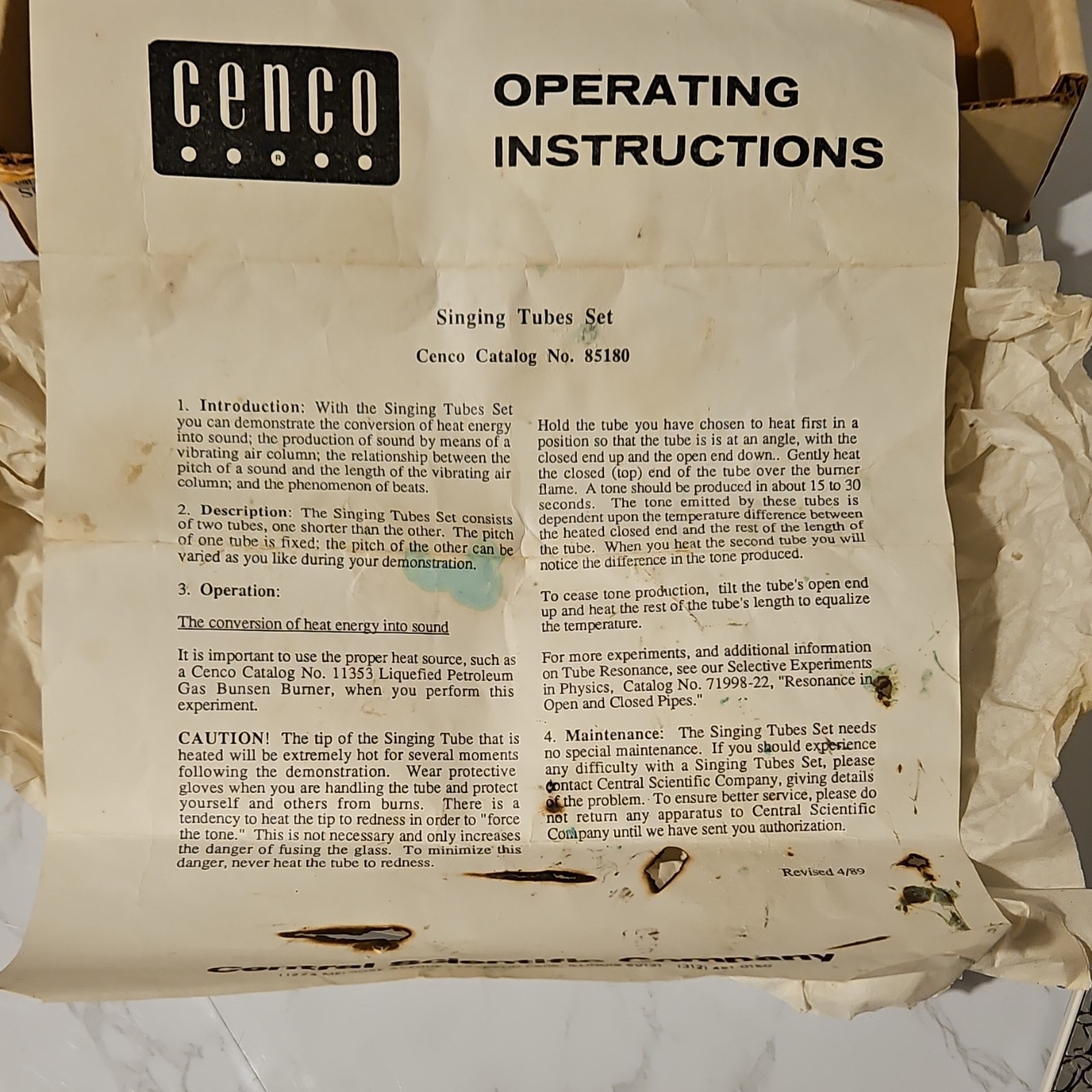 Cenco Singing Tubes Set 85180 Physical Laboratory Instruction Manual
