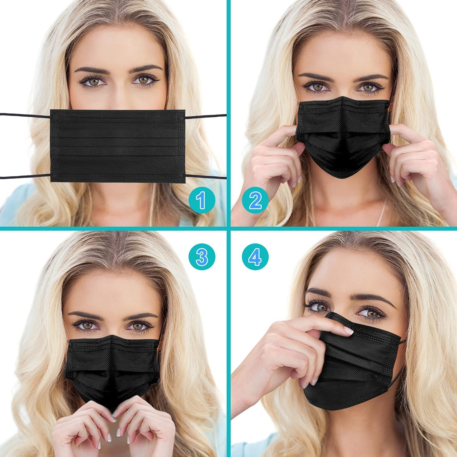 Soft Breathable Black Face Masks, 3-Ply Design, 100 Pack for Everyday Safety