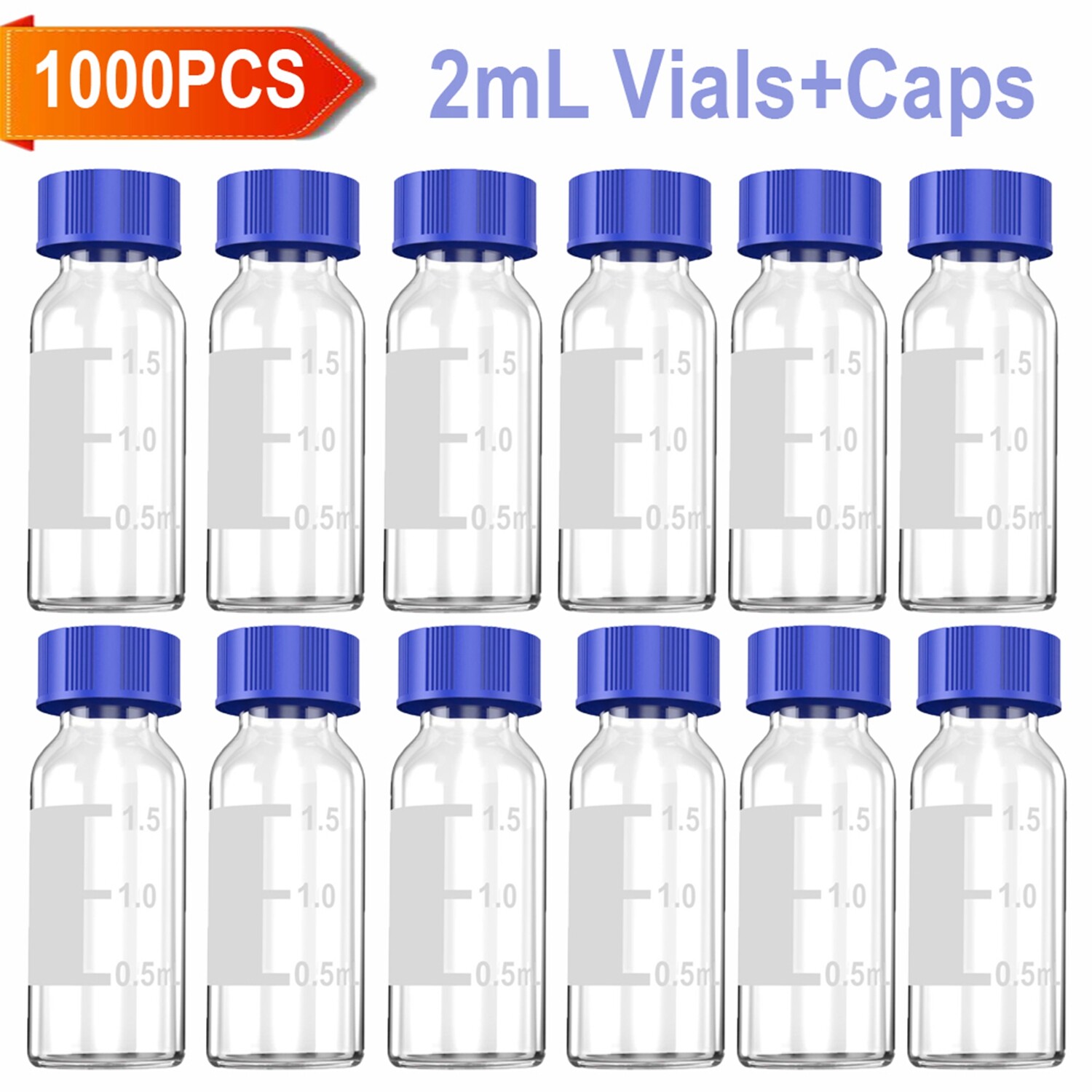1000pcs 2ml Sample Vials+Screw Caps Clear Glass Bottles 9-425 HPLC GC PTFE 9mm