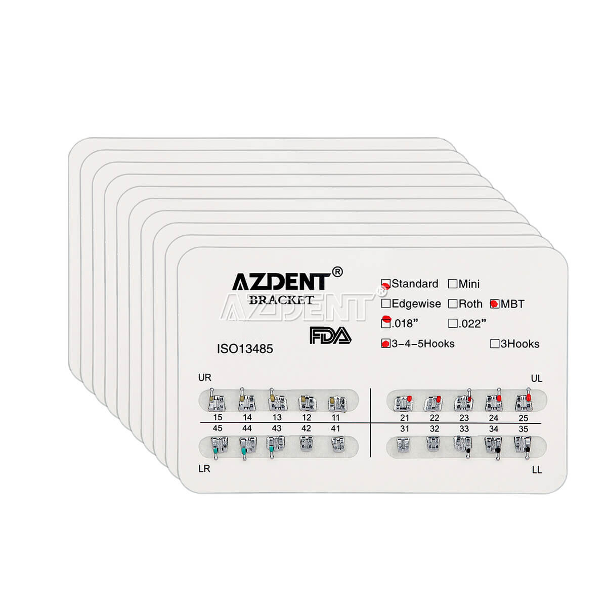 10 Packs AZ Dental Orthodontic Brackets Standard Braces MBT .018 Hooks 3-4-5