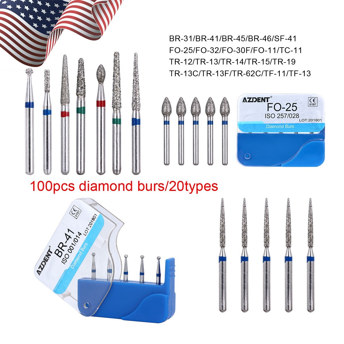 20 Types AZDENT Dental Diamond Burs Kit for High Speed Handpiece Medium FG 1.6MM