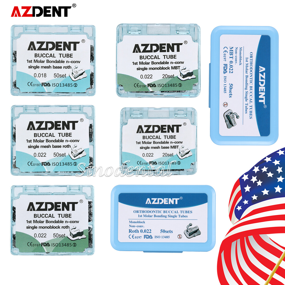 AZDENT Dental Orthodontic Buccal Tube 1st Molar Roth MBT.018 022 Bondable N-Conv