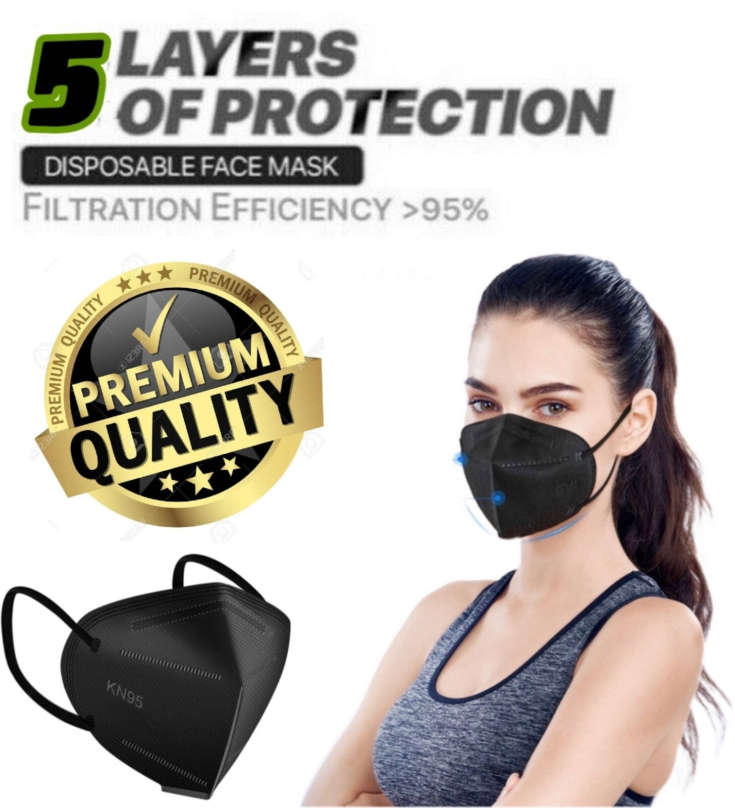 10-50 Pcs Black KN95 Protective 5 Layer Face Mask BFE 95% Disposable kids Masks