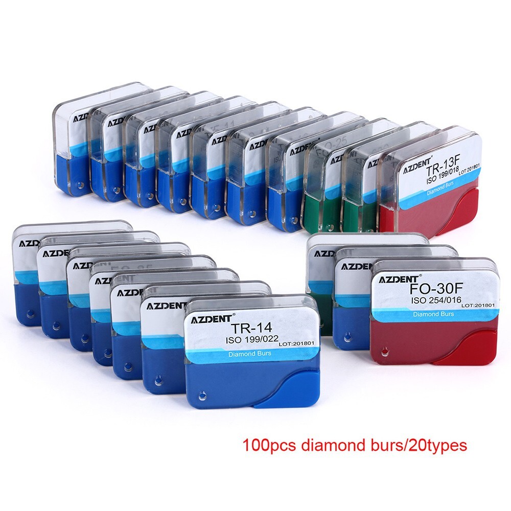100Pcs 20 Types Dental Diamond Burs High Speed Handpiece Friction Grip AZDENT