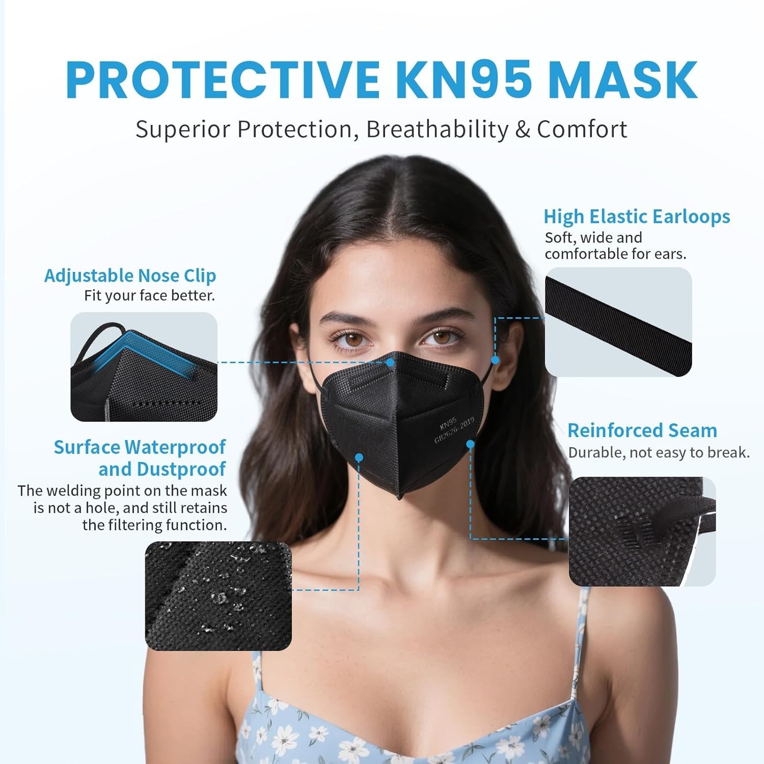 Comfortable KN95 Black Masks – 50 PCS Disposable, 95% Filtration Efficiency