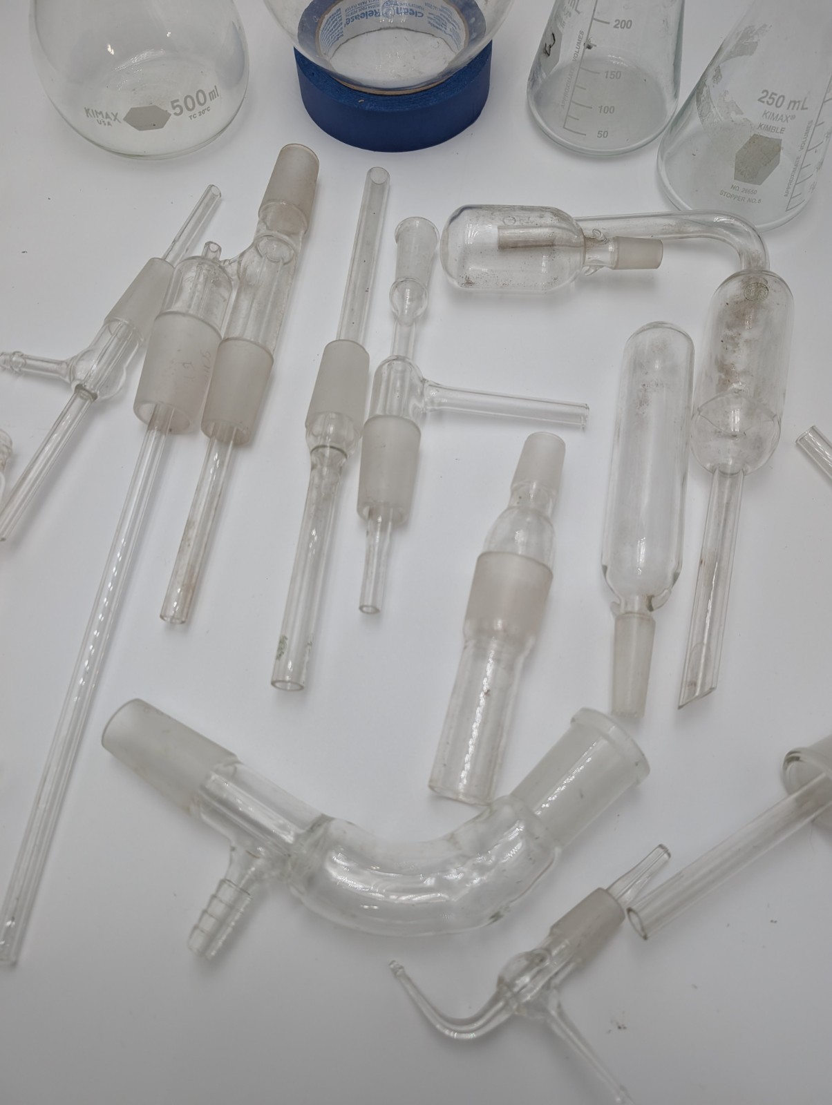 Lot of Vintage Laboratory Glassware 21pcs (Pyrex) (Kimax) Connectors + More