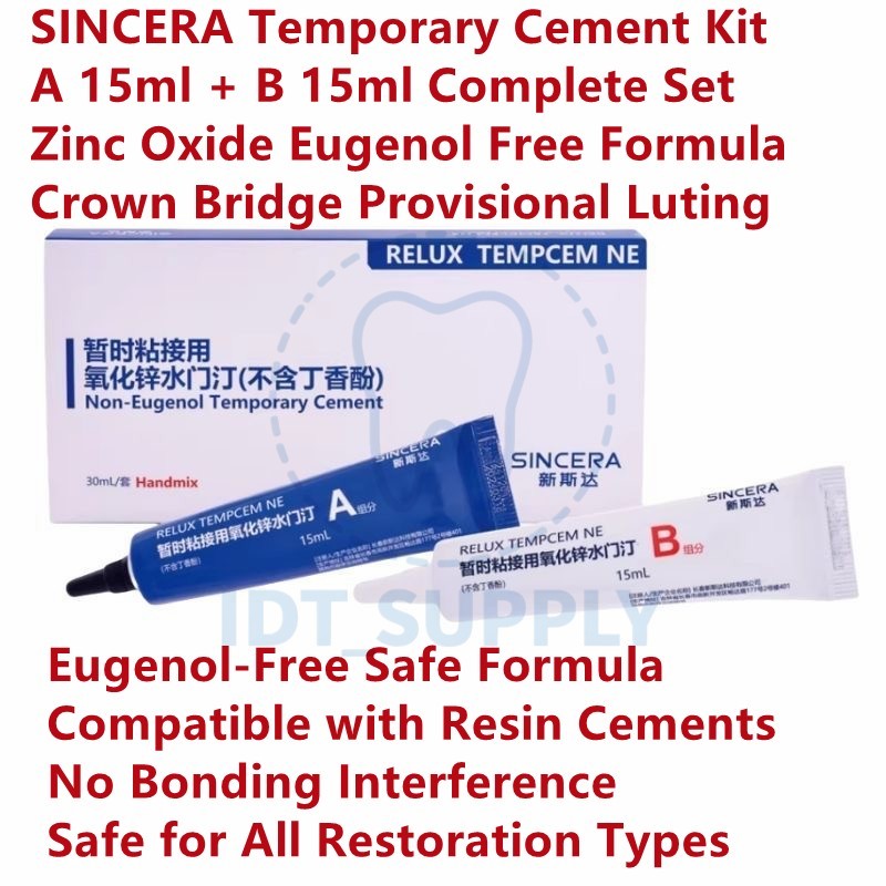 SINCERA Zinc Oxide Temporary Cement 15ml+15ml Eugenol Free Crown Bridge