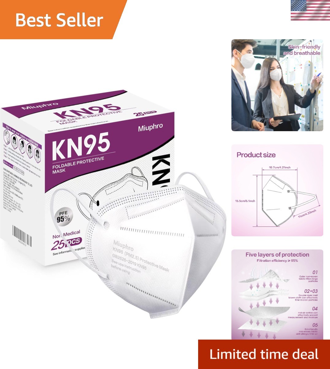 5-Ply KN95 Safety Masks – Disposable, Breathable, Pack of 25 for Men & Women
