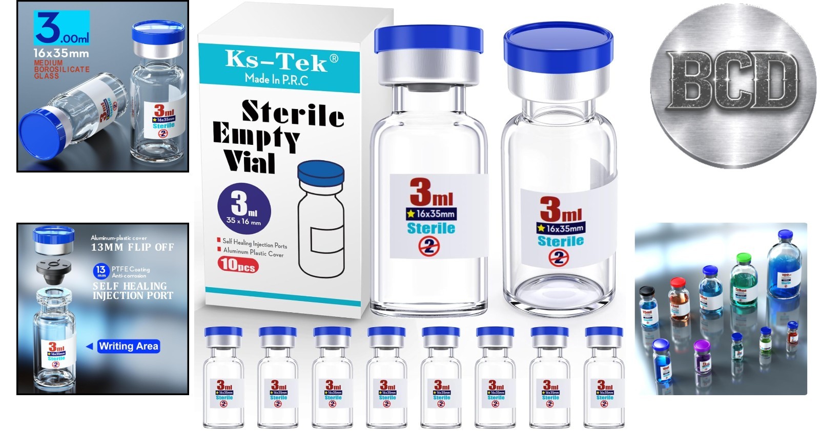Pack of 10 Sterile 3ml Glass Vials with Injection Port – Ideal for Labs