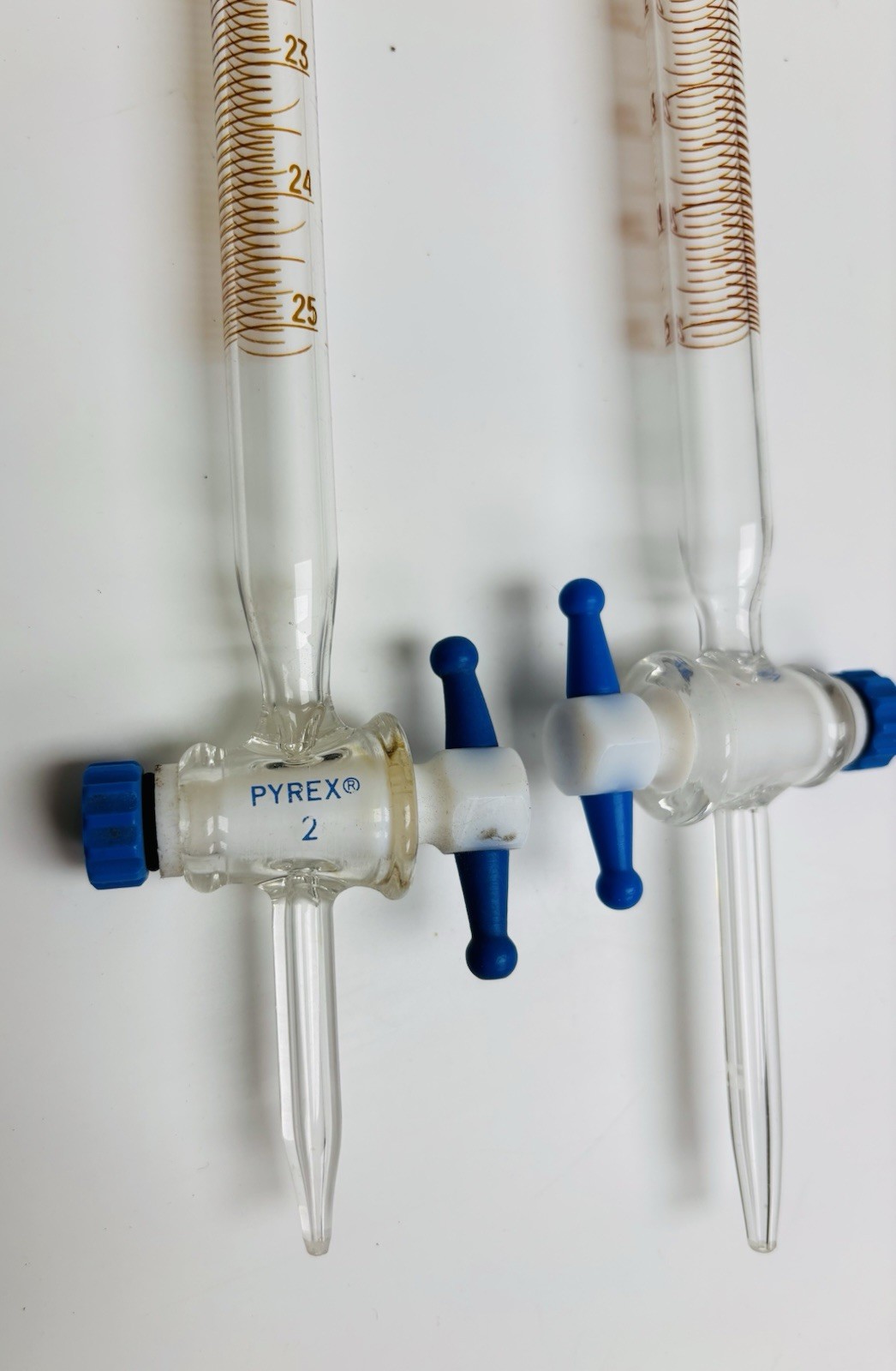 2Pcs Pyrex 2122 Borosilicate Burette, Straight Bore, PTFE Stopcock ,25mL,Class A