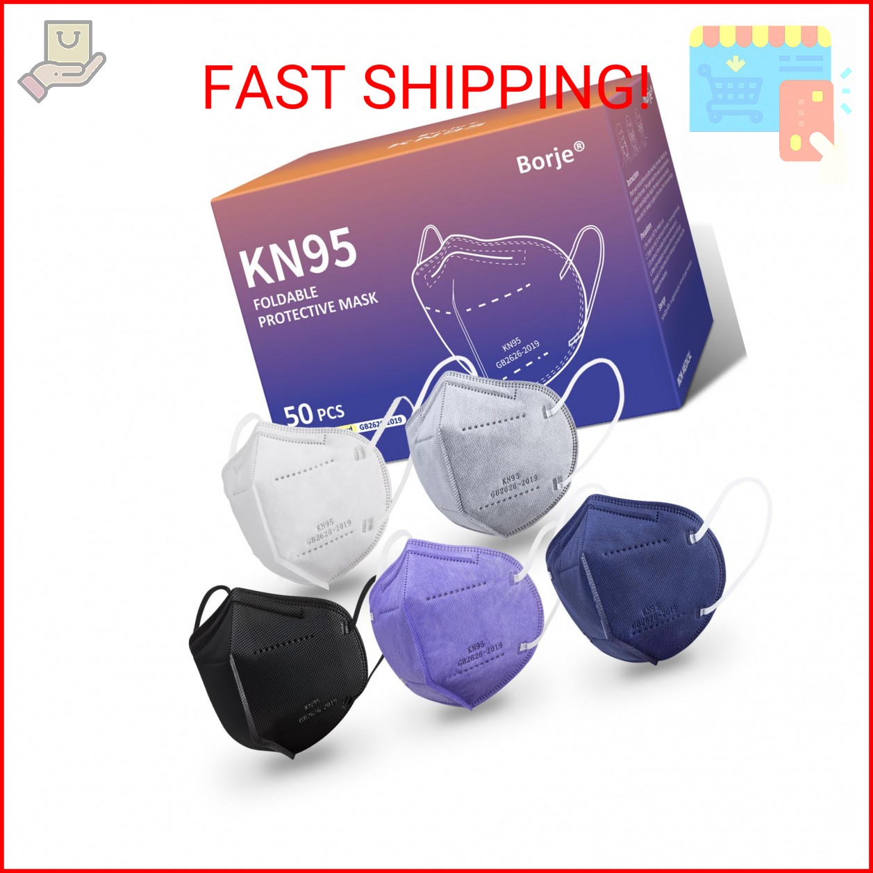 Borje KN95 Face Masks for Adults, 50 Pcs, 5-Ply Protection, Multicolor