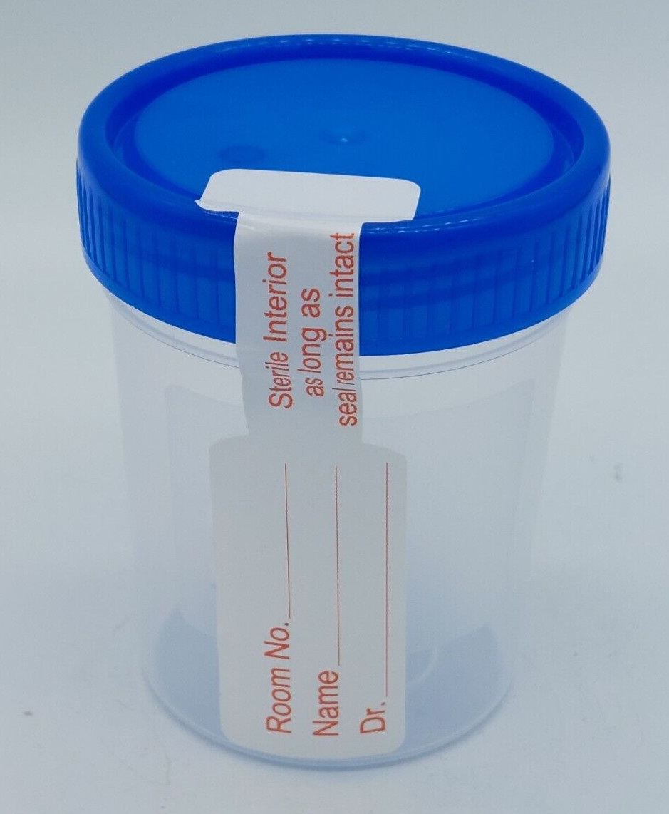 5 Sterile Specimen Cups Urine Collection 120mL – 4oz (W/ Seal LID Name Room Dr)