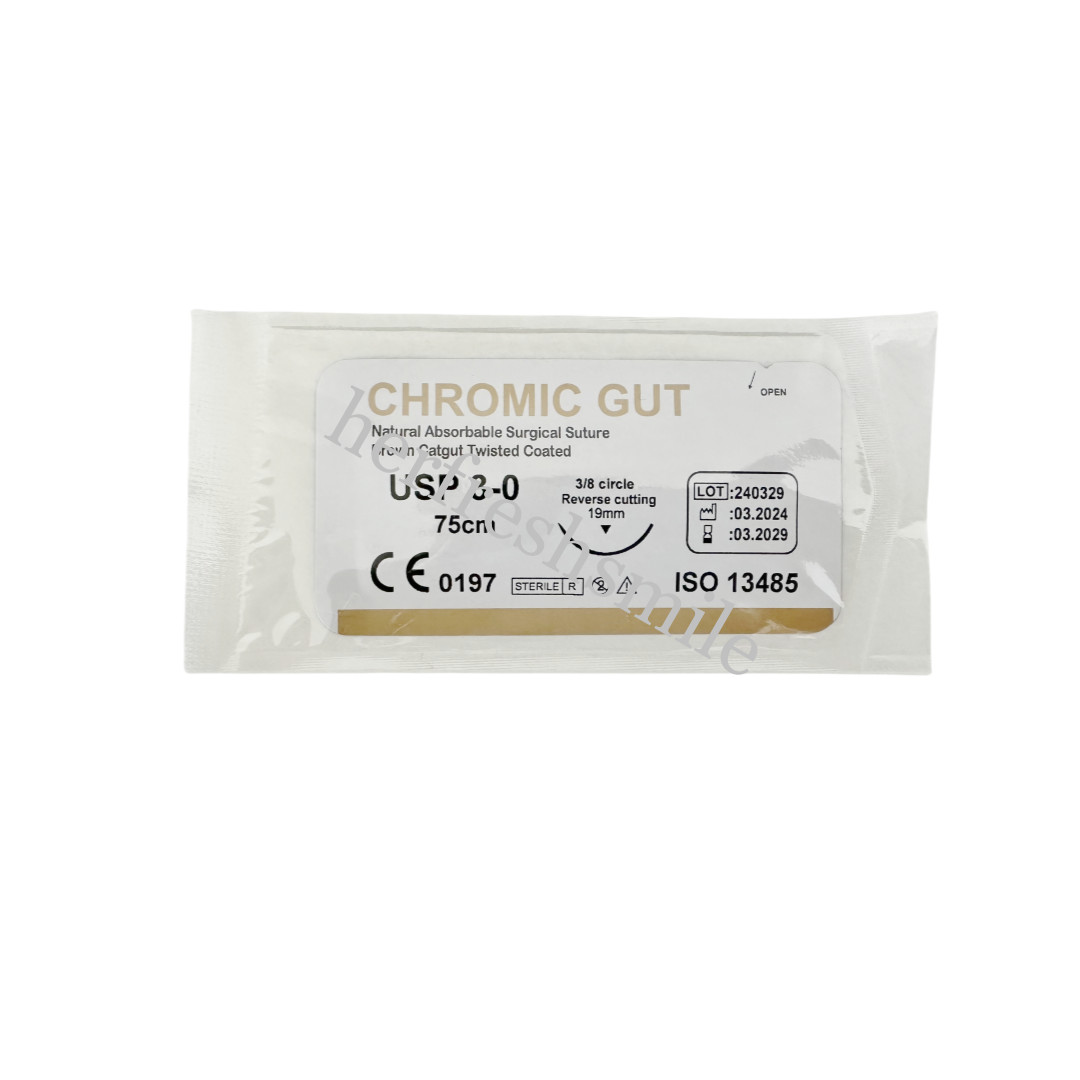 Dental Absorbable Surgical Suture Brown CHROMIC GUT 3-0 75cm 3/8 Reverse Cutting