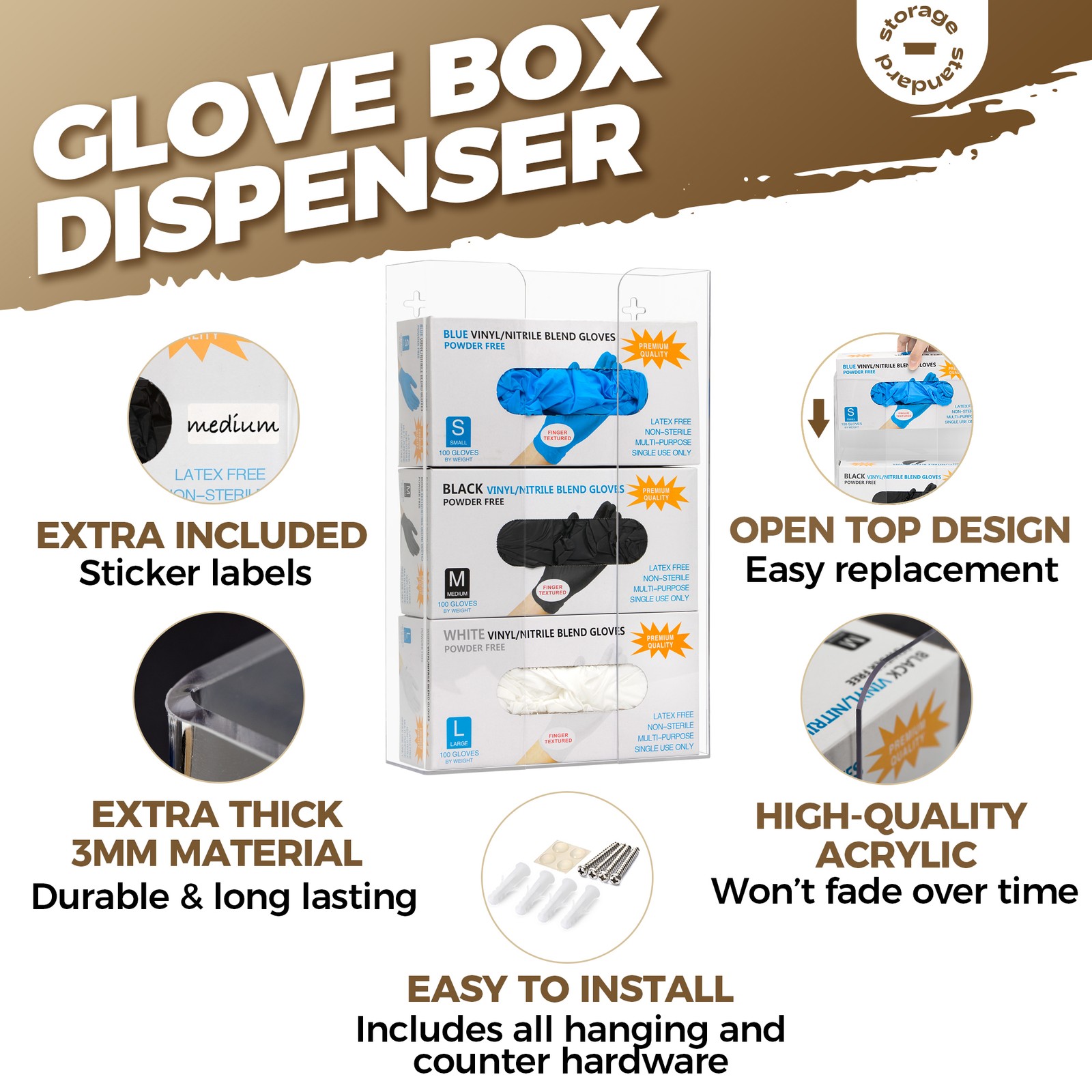 Triple Glove Box Holder Dispenser – Wall Mount or Countertop Load Open Top Clear