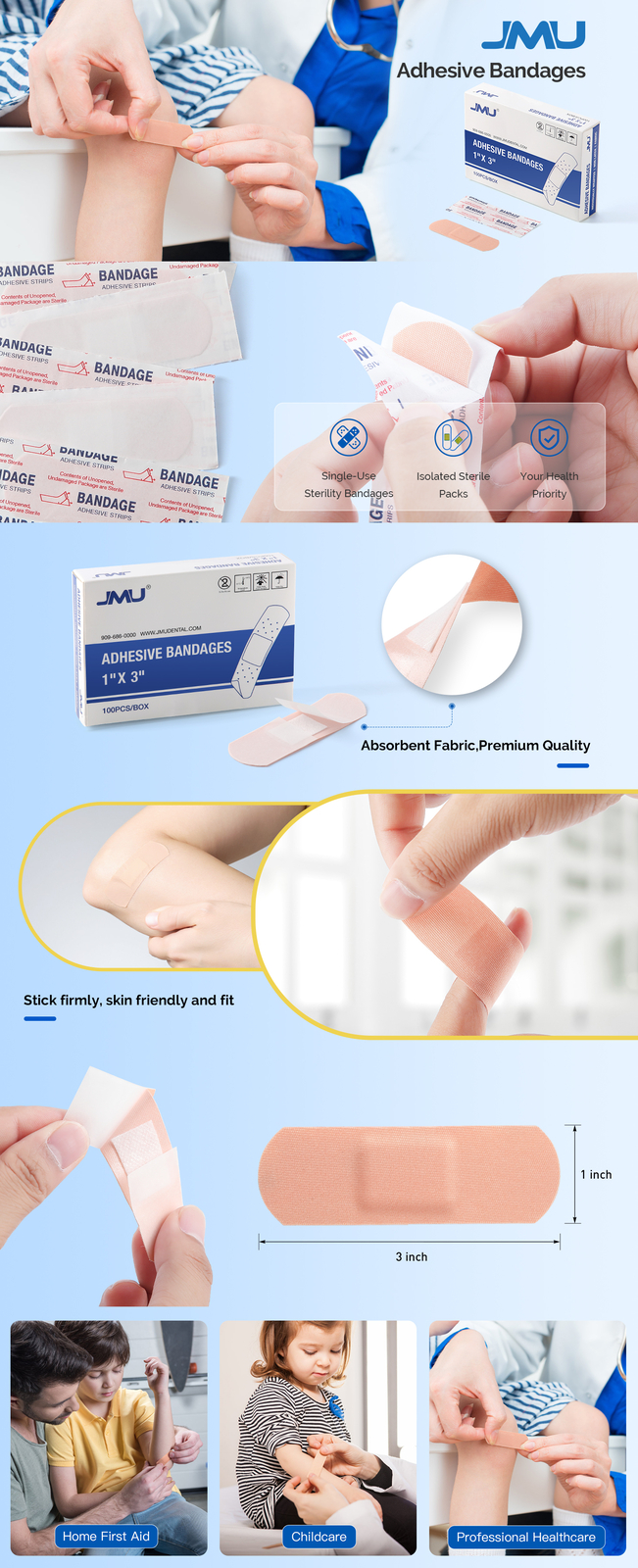100pcs/box Individuall Sterile Packaged Adhesive Bandages Cloth Fabric Stretch