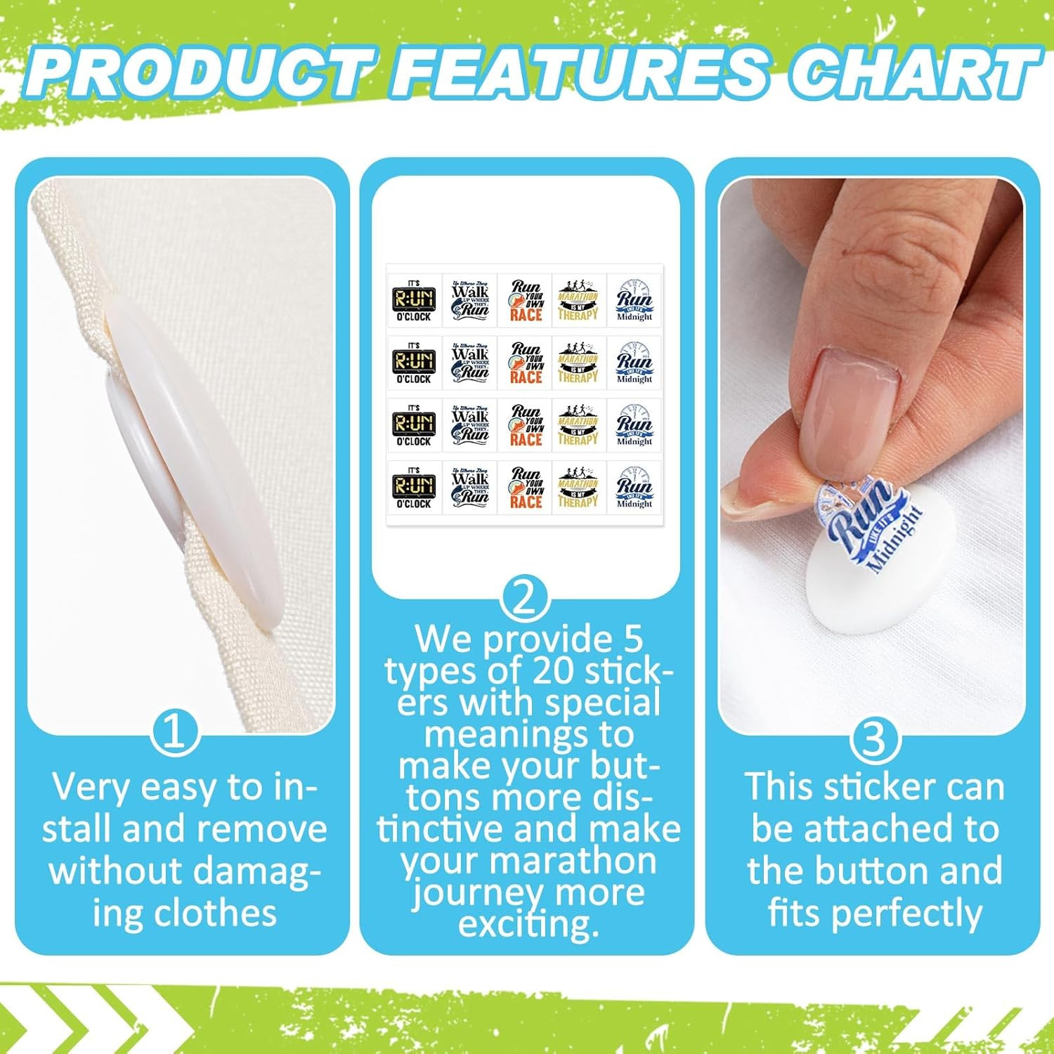 20 Pcs Running Bib Clips with 20 DIY Stickers Bib Snaps for Runners Number Buckl