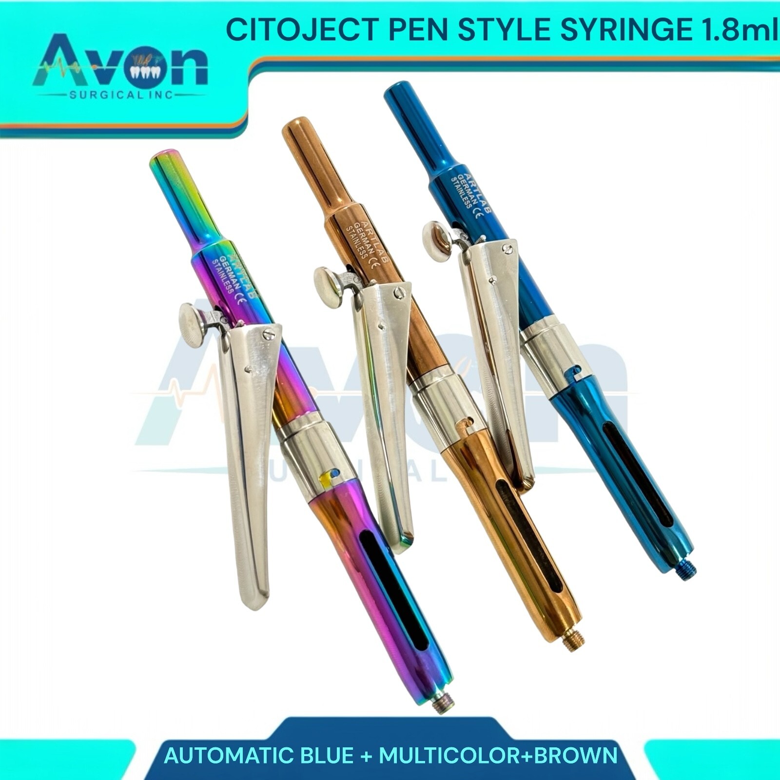 3PK Dental Anthestetic Pen Syringe 1.8mL, Multicolor+Brown+Blue, Stainless