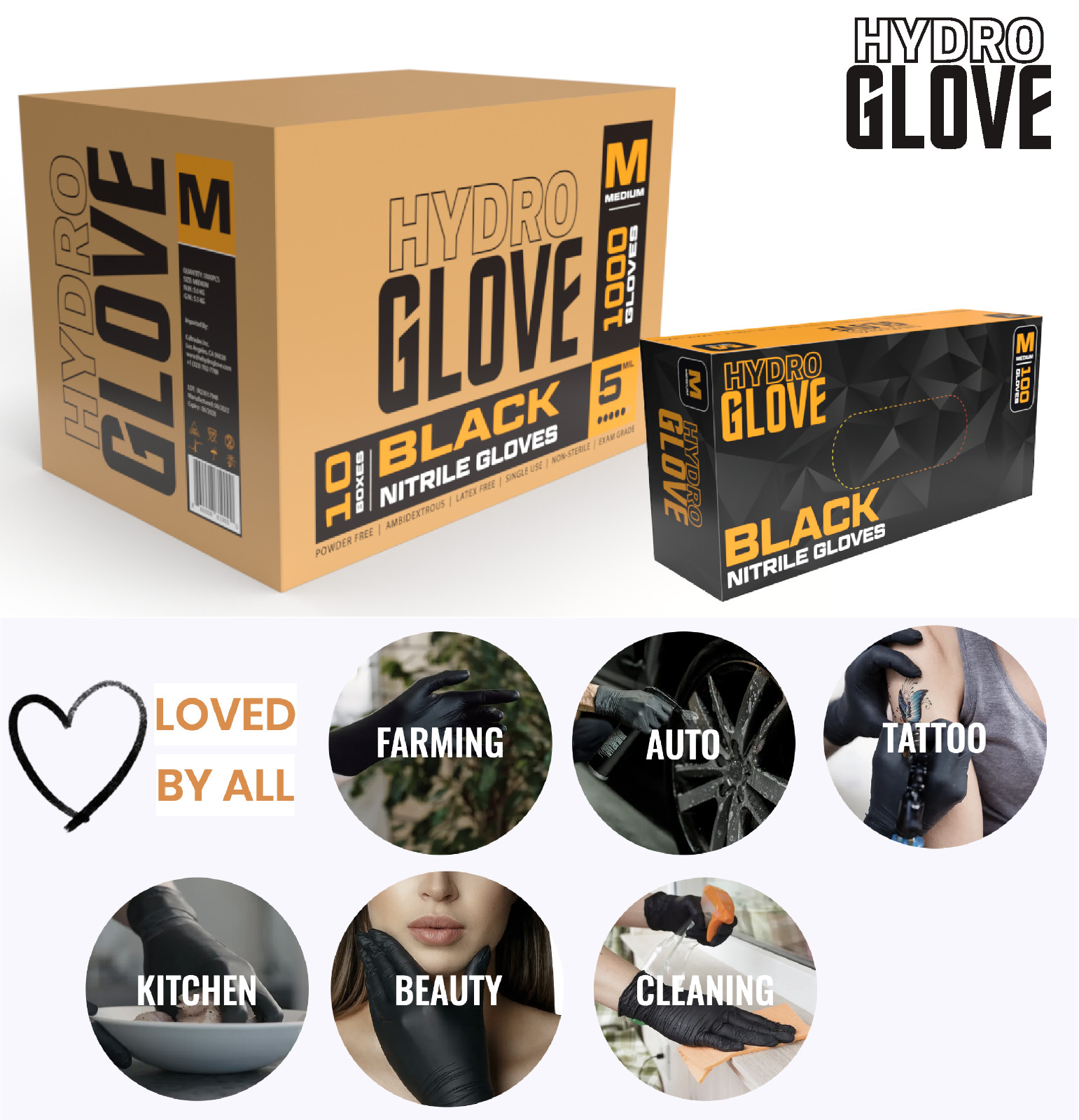 HydroGlove 6 MIL Black Nitrile Exam Gloves | Case of 1000 | Medical & Food Grade