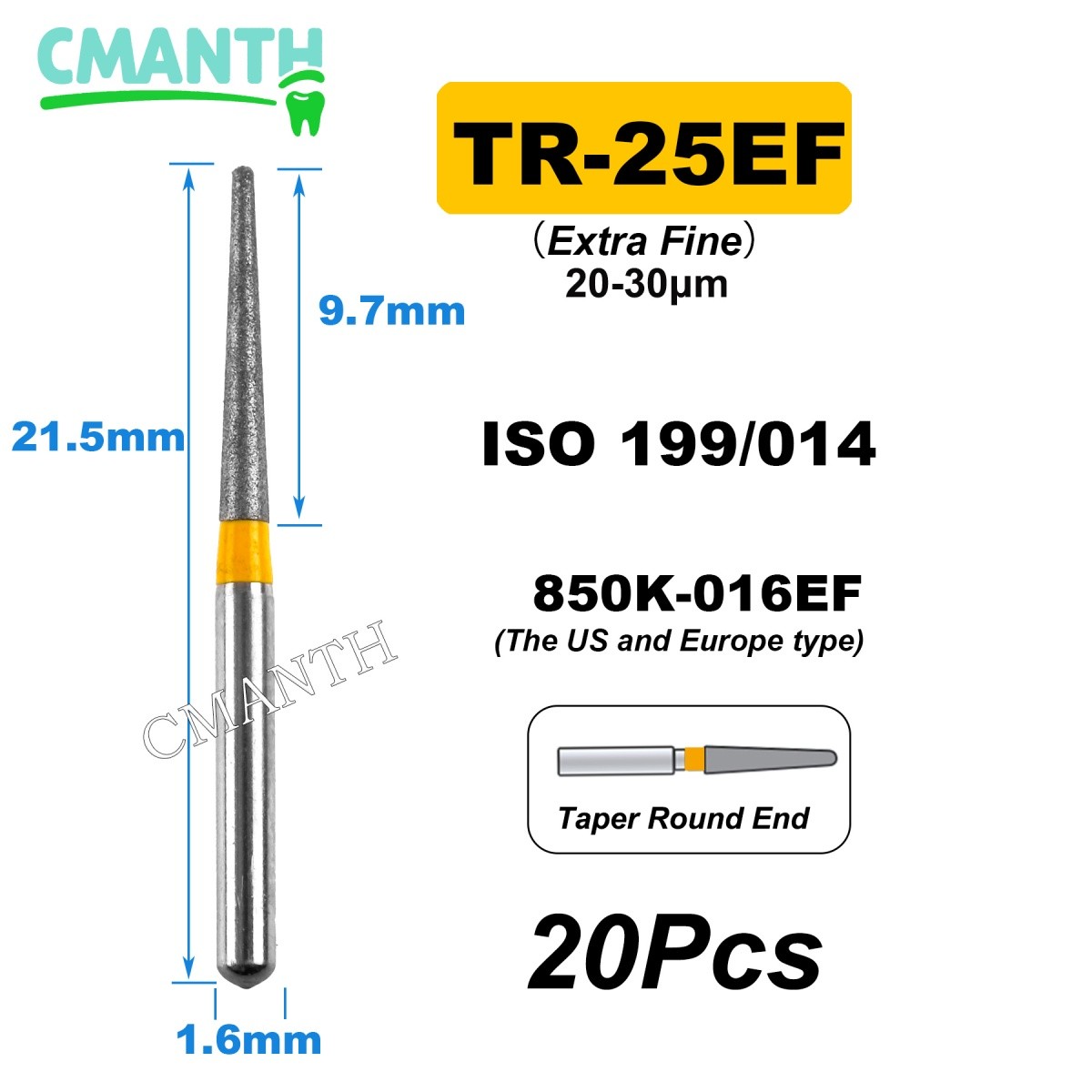 US Fine Dental Burs Diamond Burs High Speed Turbines Drills Tools 1.6mm 20pcs