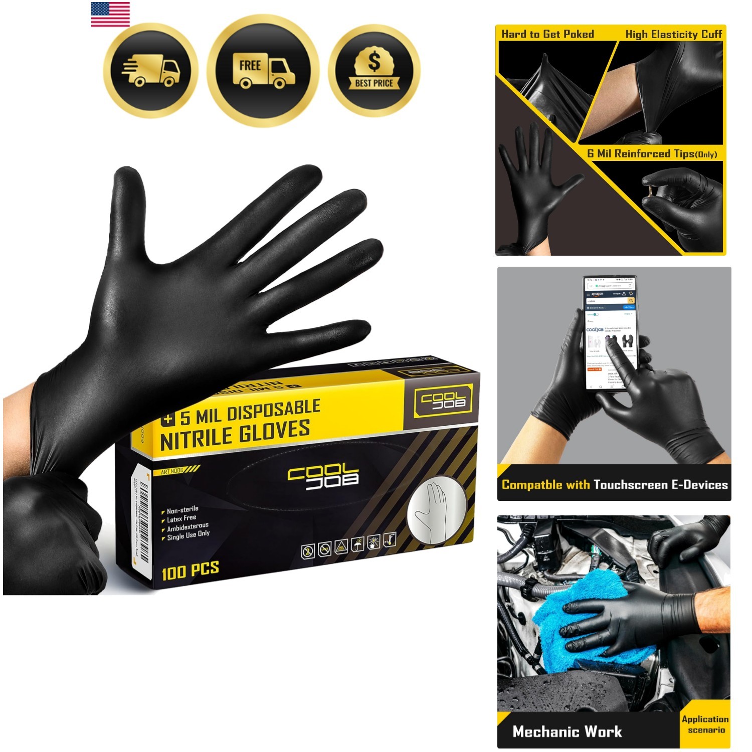 5 Mil Black Disposable Nitrile Gloves for Men, Heavy-Duty for Household Clean…