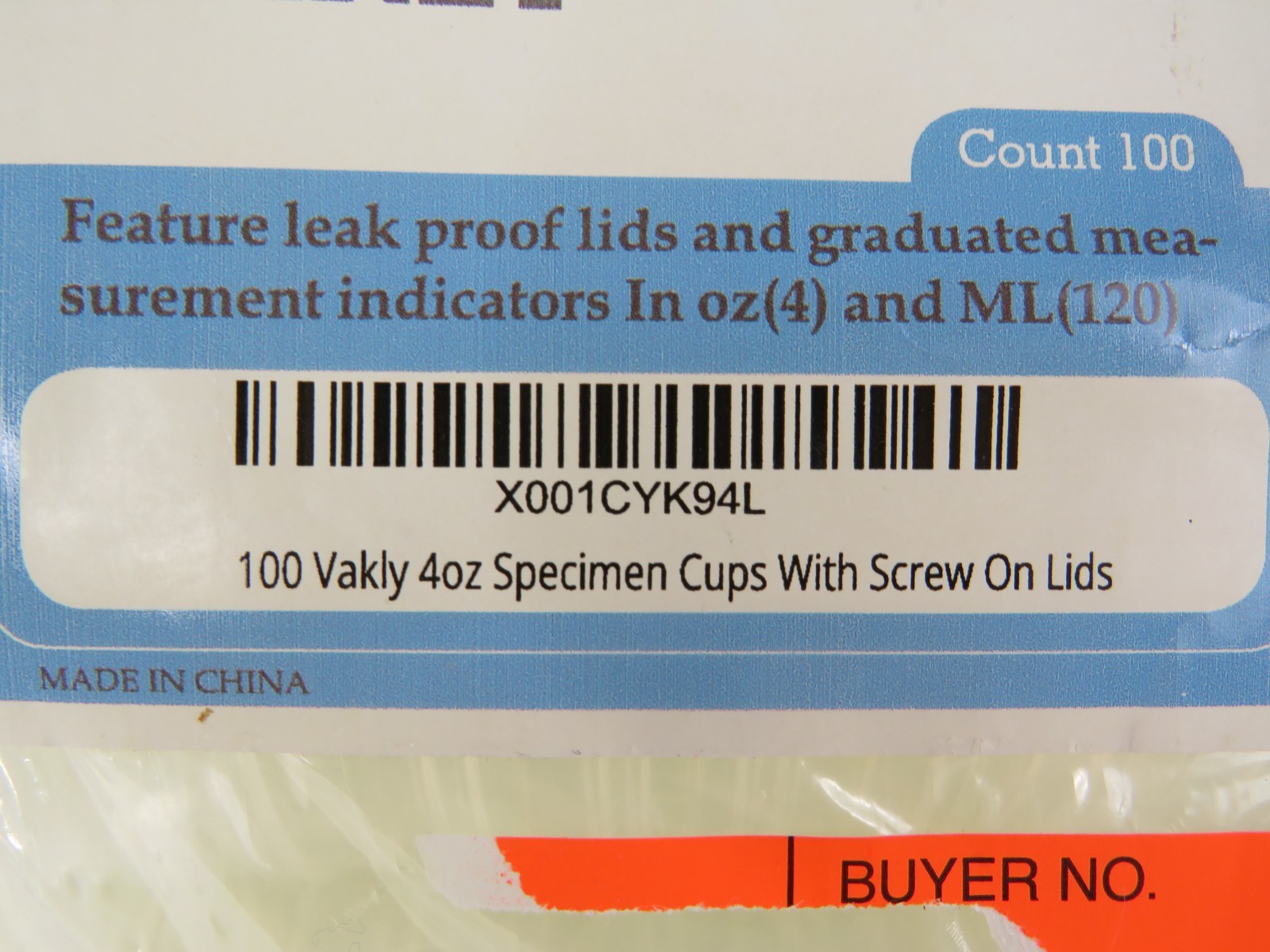 100 Vakly 4 Ounce Non-Sterile Specimen Cups With Screw On Lids