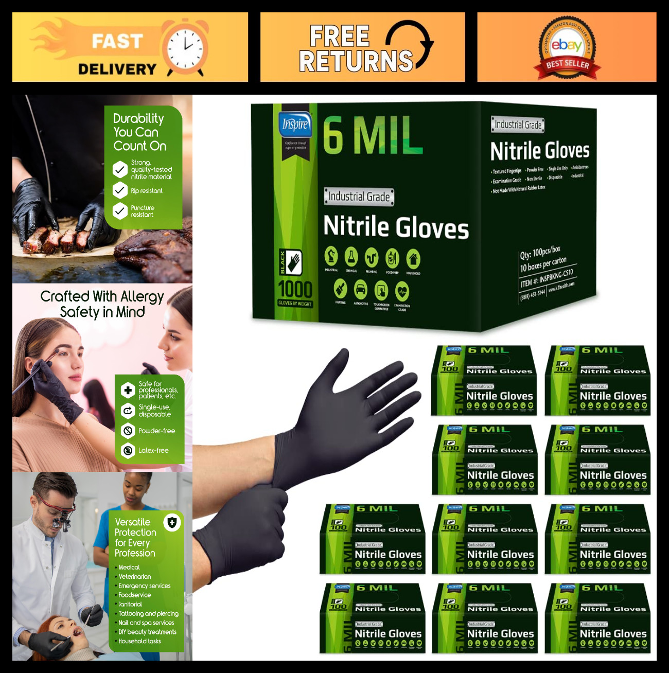 Heavy Duty Disposable Nitrile Gloves – Latex Free, 6mil Black & 8mil Orange, Foo