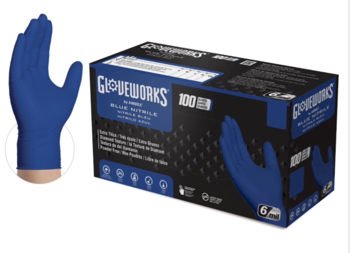 Ammex GWRBN49100 Gloveworks Blue Nitrile Powder Free Industrial Gloves, 6 Mil
