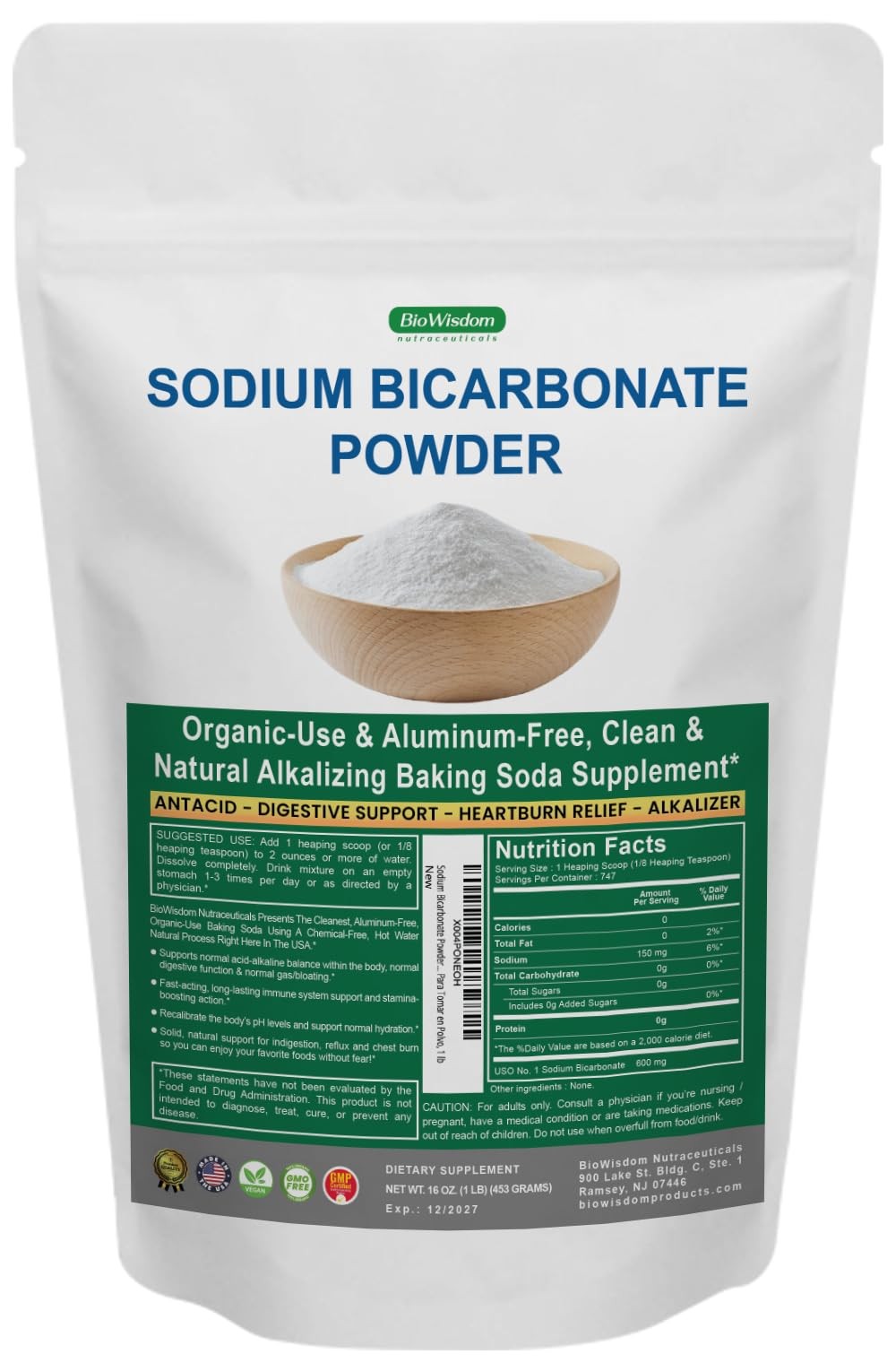 Sodium Bicarbonate Powder for Organic Use, Grade 1 16 Ounce (Pack of 1)
