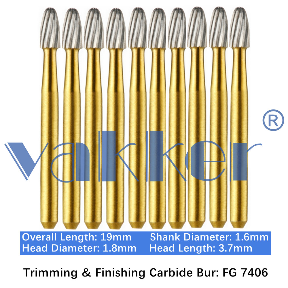 10/Pack Dental Trimming & Finishing Gold Carbide Burs Round Needle Egg Shape