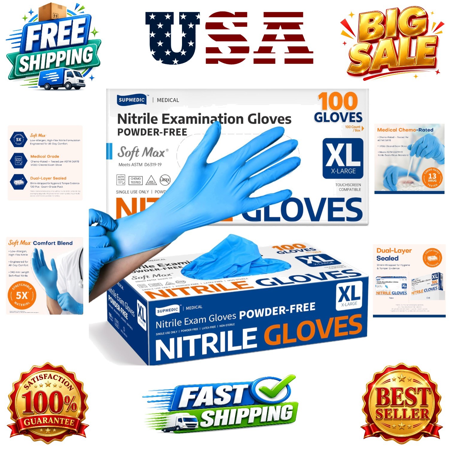 Medical Soft Max Nitrile Exam Gloves, 100 Count Latex-Free Powder-Free Non-St…