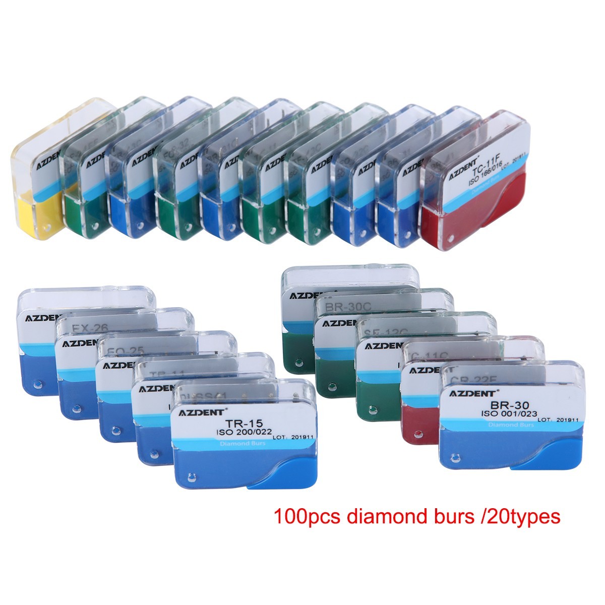 200pcs AZDENT Dental Diamond Burs Medium FG 1.6MM F High Speed Handpiece 20Types