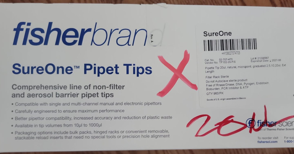 Fisherbrand 02-707-470 SureOne 20µl Pipet Tips 10 Racks/96, Exp 06/2027