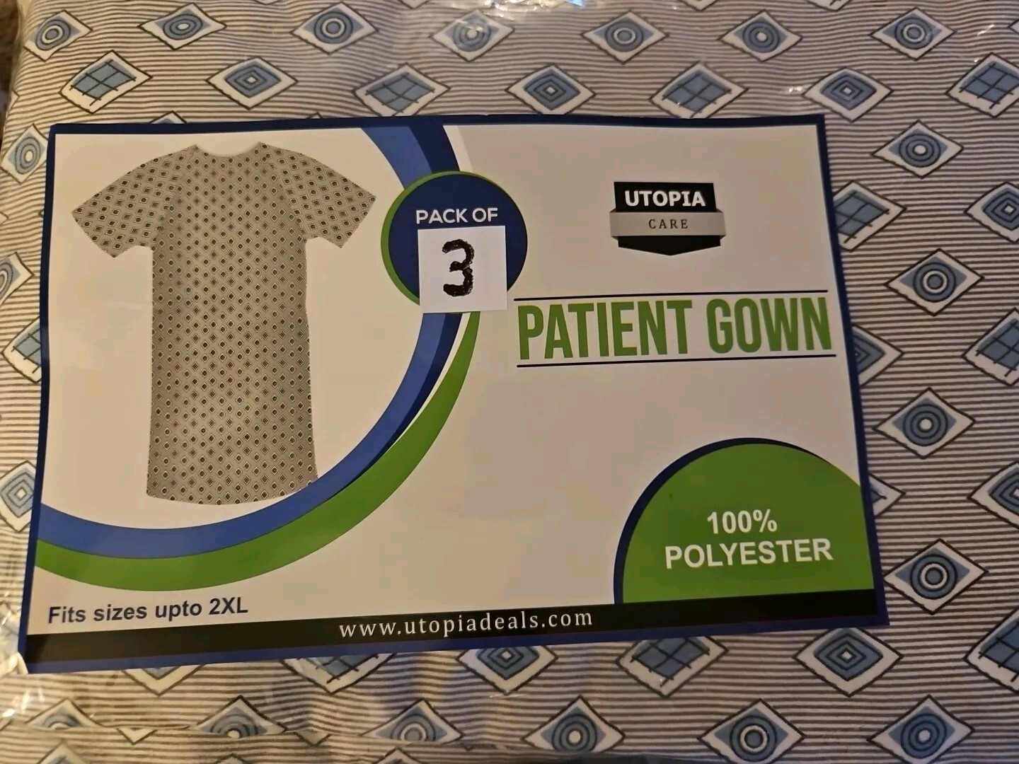 Utopia Care Patient Hospital Gowns 3 Pack Unisex Diamonds Fits Up To 2XL New