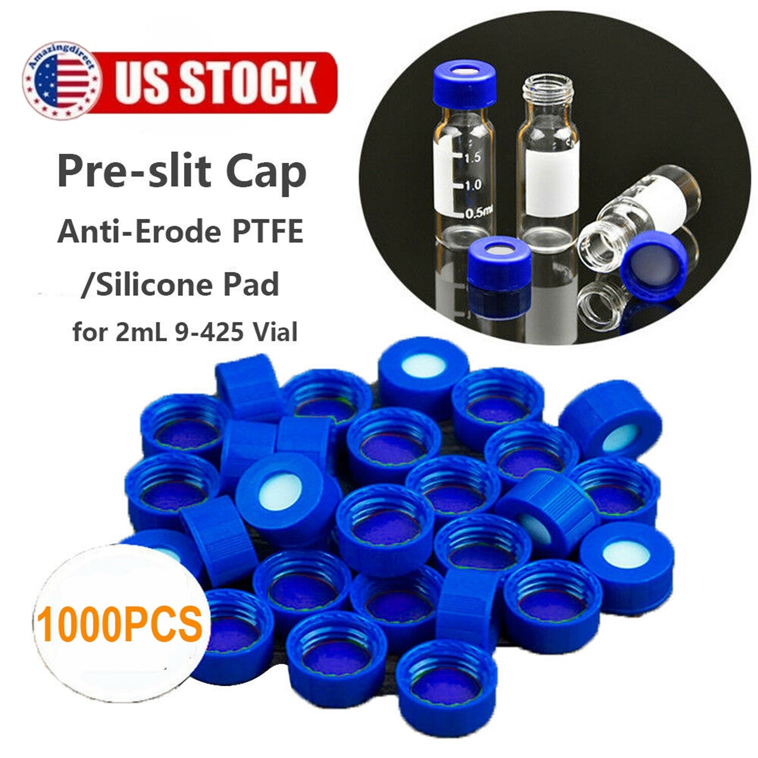 1000pcs 9mm Thread Capa Blue PTFE&White Silicone Pre-Slit for 9-425 2ml GC Vials